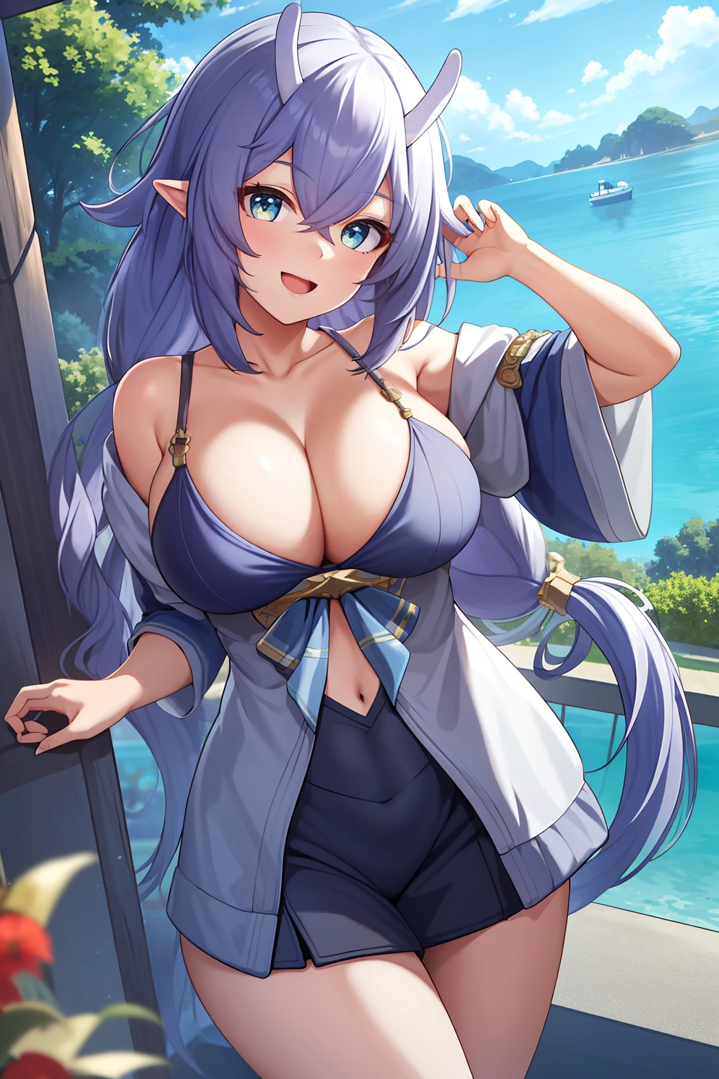 1girll,tmasterpiece,8k,Half realistic,4k,RTX,Shaders,Excellent texture work,Lori huge breasts cleavage,huge tit