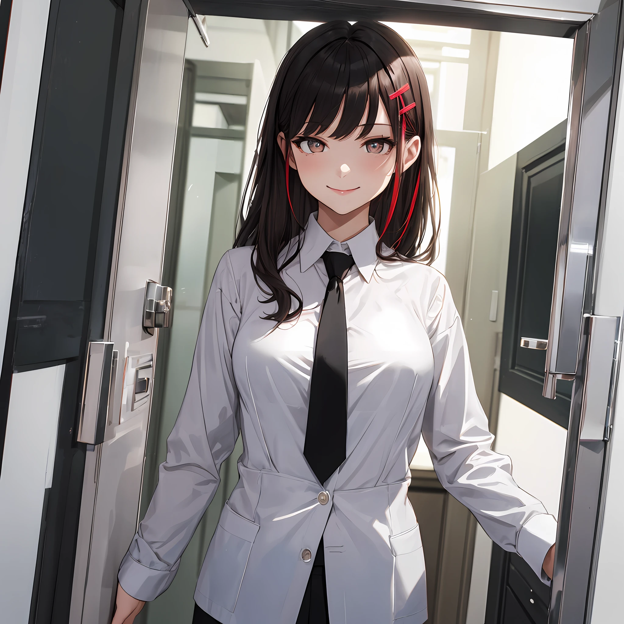 tmasterpiece,best qualtiy,ultra - detailed,illustratio,epic lighting,cinematic compositions,isometry,1girl,独奏,adolable,with brown eye,black color hair,sweeping bangs,single hair,red hair clips,blouse with a white collar,black necktie,Black pantsuit,formal,a captivating gaze,captivating posture,inside in room,office room,doors,Open the door,looking at viewert,peeking out upper body,Be red in the face,seduct smile,Open-mouthed