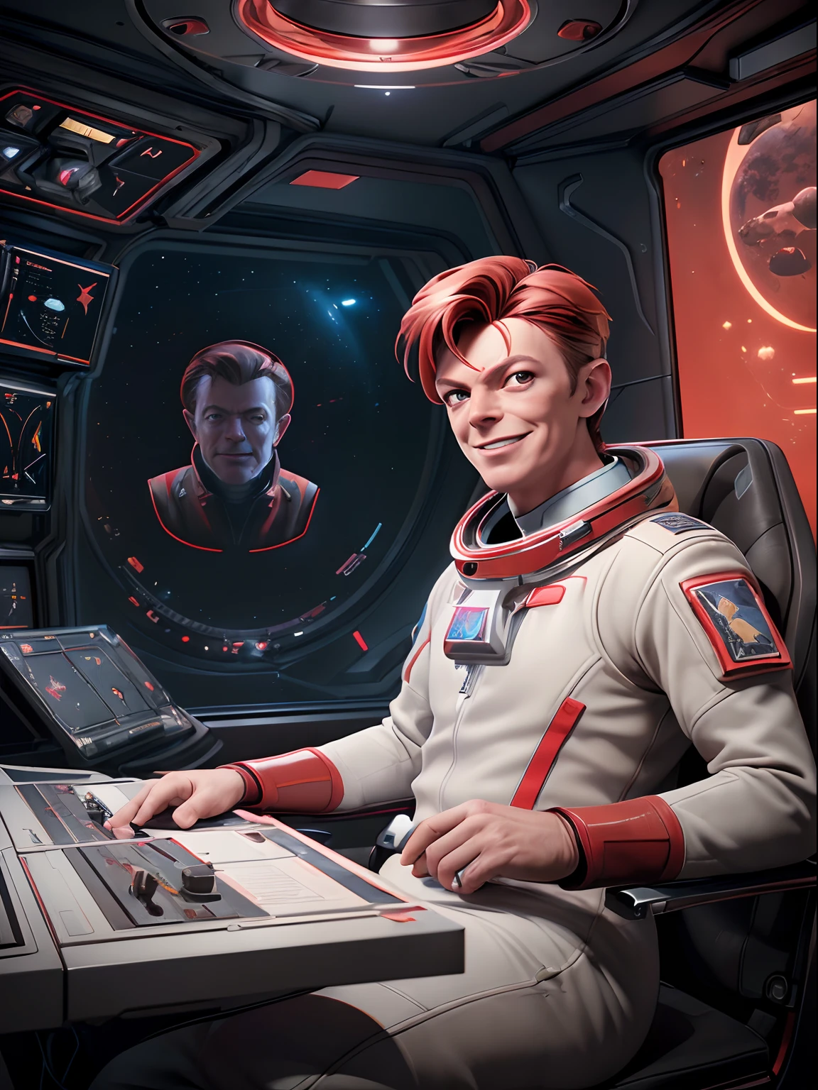 (masterpiece, best quality, illustration, unreal engine 5, official art:1.3), Rich Red color scheme, A picture of (David Bowie) as smiling Major Tom, a technocratic, omnivorous, iridescent, astronaut commander, (sitting in a starbase control room:1.2),detailed face, insanely intricate detail, absurdres, 8k