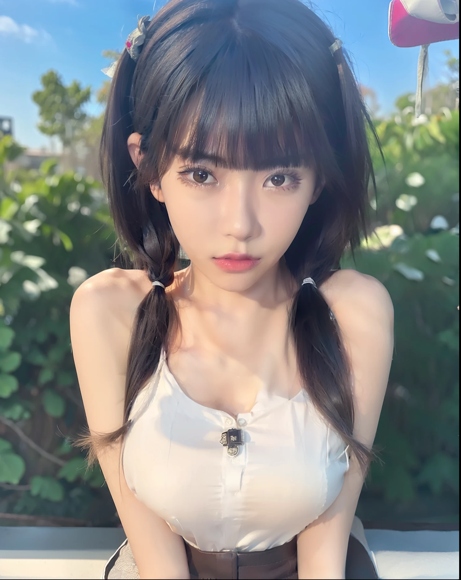 ((Top Quality, 8k, Masterpiece: 1.3)), Crisp Focus: 1.2, Beautiful Women with Perfect Figure: 1.4, (Face detail), (Shadow Detail), (huge breasts: 1.5), Kurumi date a live, 1 japanese girl, 20 years old, black hair, long pony covering the right eye, wide eyes, eyebrows dip upwards, (sad expression) , thin smile, white sport shirts, white hair pigtail