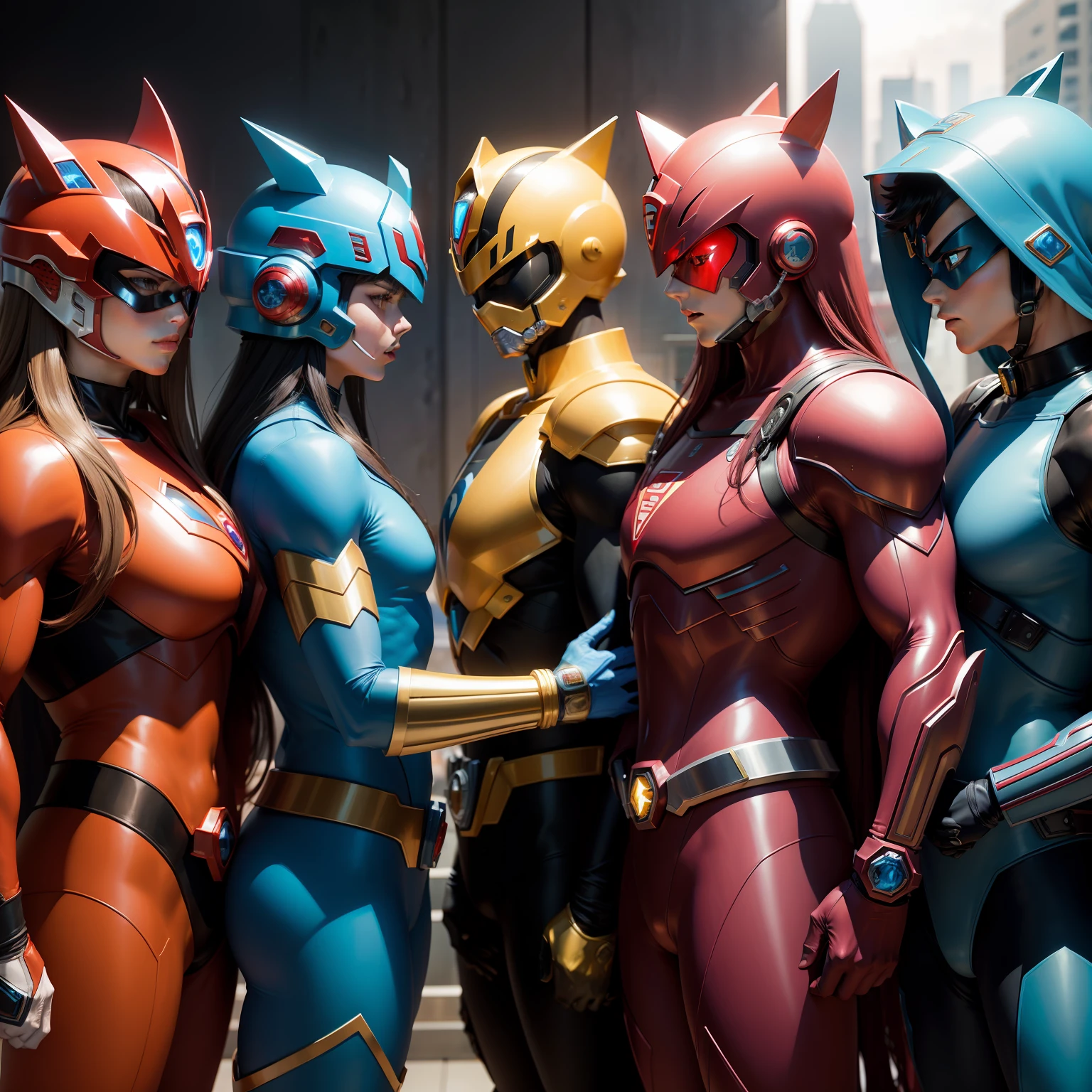 background of a futuristic city、Super Sentai Series、Megaranger、Hero Mask、Metallic Guard、Slim Fivesome、(reddish、Plata、A black、golds、Blue Fivesomes)Righteous heroes、Decide on a transformation pose、
