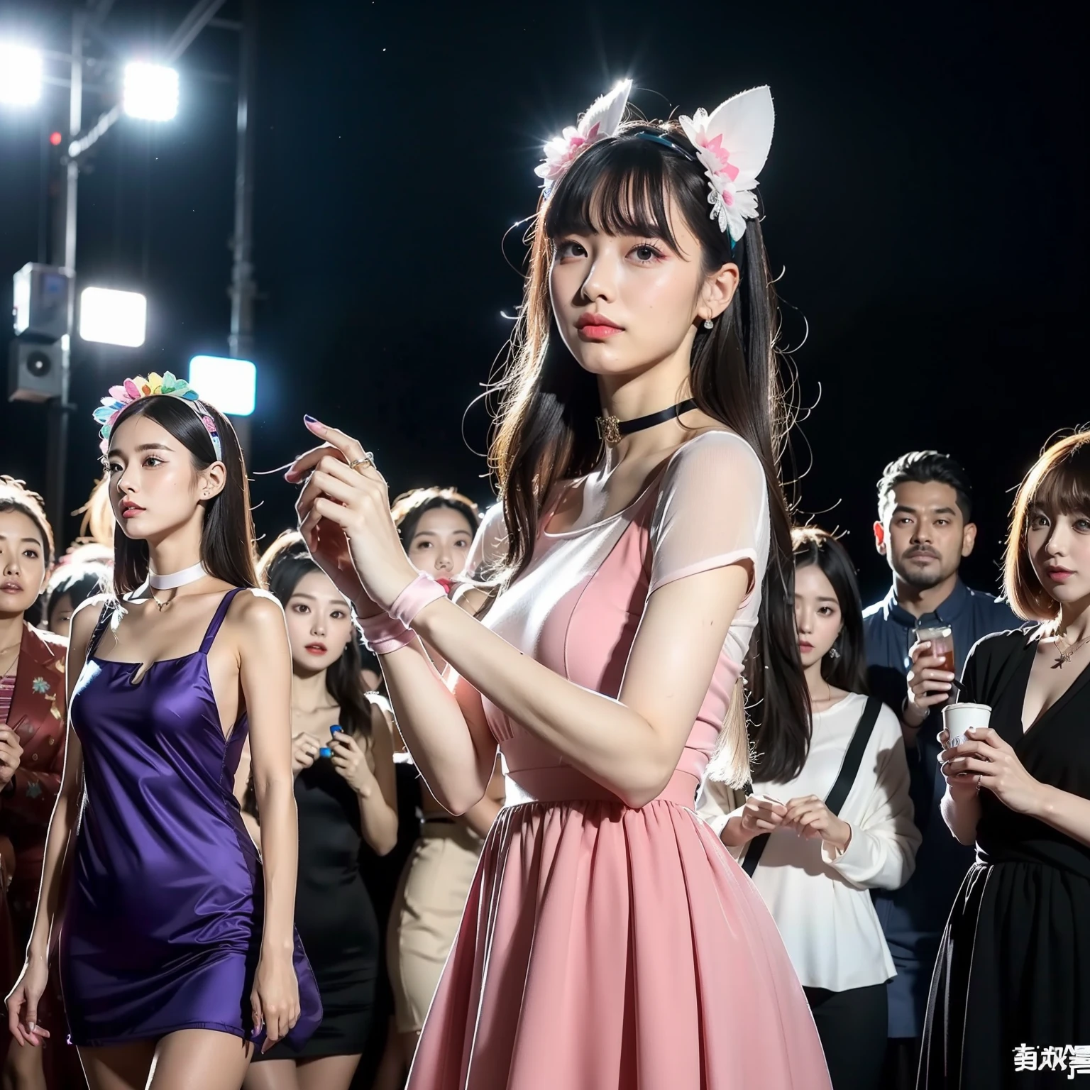 (8K分辨率,shot from a far distance,Close-up photos,Realistic wallpapers),(1 female,age 22,(Yamamoto's facial features:1.6,Face with thin bones,s delicate face),com rosto detalhado,(Delicate Japanese makeup),Beautiful face,com rosto detalhado,详细的脸,Ultra-fine makeup,Black colored eyes,(Look into the distance),Long black straight hair,(By bangs,dual horsetail,Messy hair,Messy has layers),Redlip,Fair smooth skin,(Best Skin Type:1.21),mediuml breasts,(shift dresses,Princess dress,Mesh fake coat,(materpiece:terylene,Lycra cotton,elasticity),Ribbon headband,Some cute flower headdresses,耳Nipple Ring,choker necklace,Yarn gloves),Tall and tall,(perfect hand),Ultra-fine clothing material),(Stage performances,Exquisite stage details,(Vista view of the catwalk,Outdoor catwalk,Tokyo fashion show,Kansai Hanakui,neonlight,There were a lot of spectators in the audience,Model on the catwalk)),(exhilarated,Happy smile,narcissistic,Rejoice),(Various stage lighting assistance,profesional lighting,动态照明),((vibrant with colors,Reserved,ellegance,vivaciousness,(white colors,purpleish color,blue colors,in pink))),(Golden section,Cinema lenses,Hasselblad photograp,tmasterpiece:1.3),(Pure,adolable,petite,dream magical,Little woman,Raised sexy,trendsetting,Street style,Artis,Art platform)