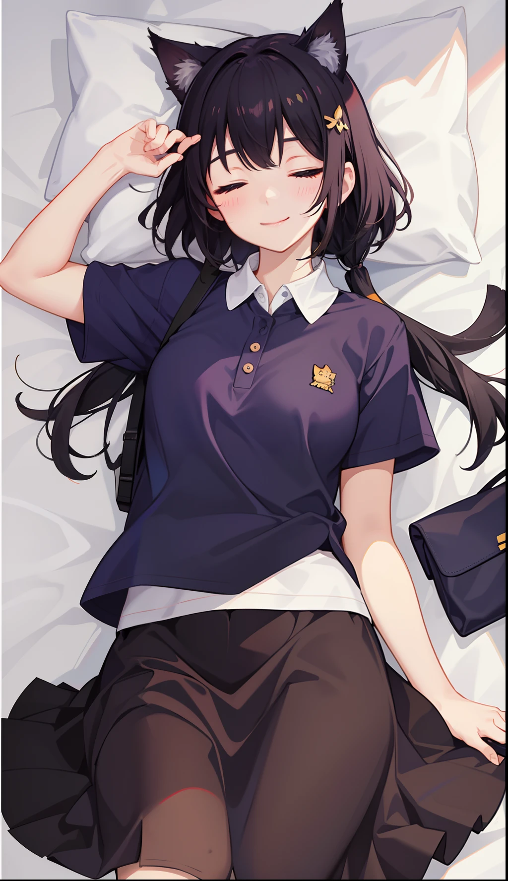 1girl in、A smile、A delightful! The shirt、skirt by the、(small tits)Cat's ears、s asleep、Sleeping in large letters、