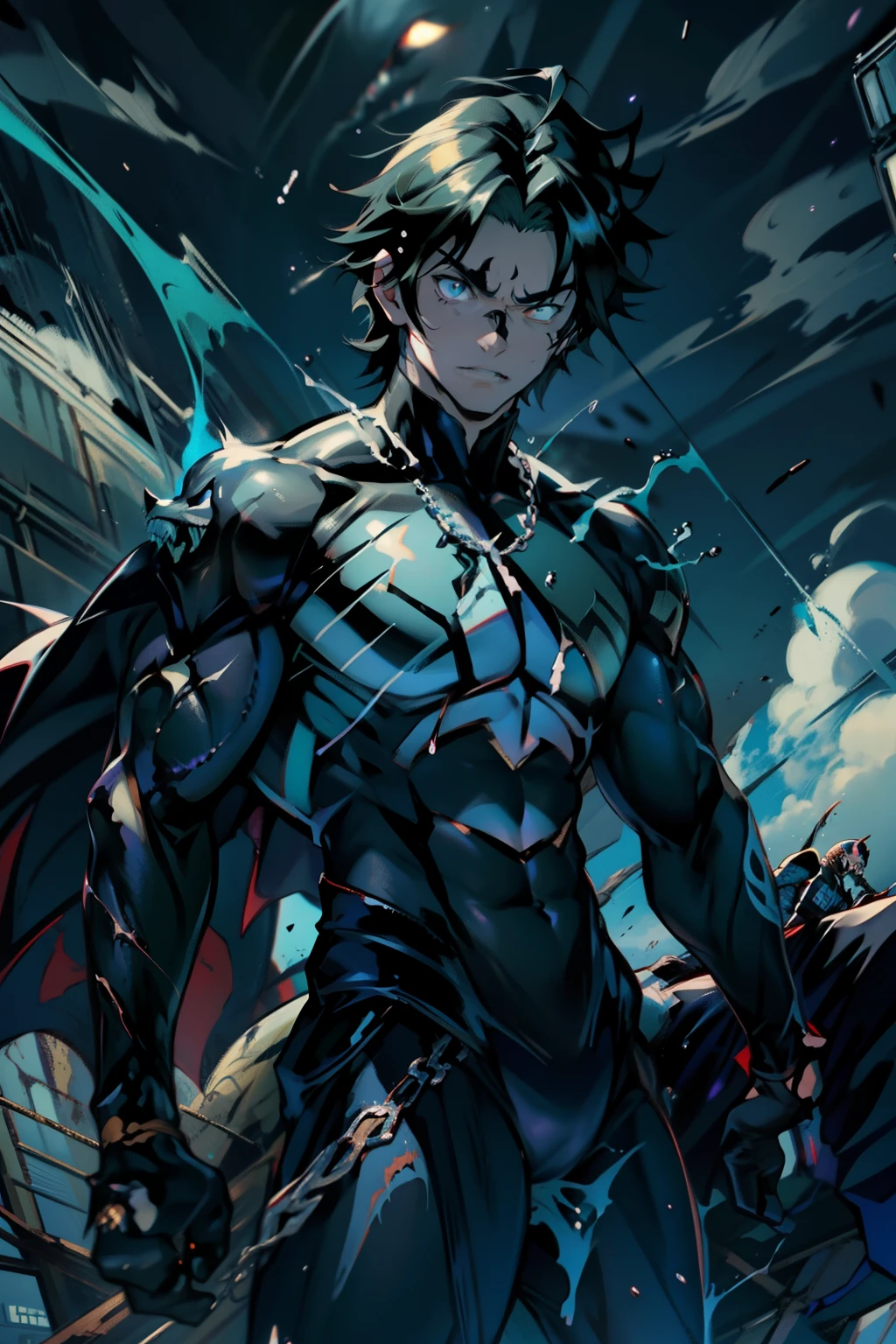 《the original god》Arataki Kazuto , male people， chest muscle， Sexy , Venom symbiote for your body, Black mucus of the body , into venom, venomize，Black bodysuit，（Cloak），Red cape，Abs，（Adult male）（（Venom possession，venom symbiote）），over-Tortoise Man，Battle damage，((Masterpiece)), ((Best quality)), Ultra detailed,((illustration)), Dynamic Angle, Detailed light, (Delicate eyes), Floating, 1boy, Male focus, Head, Clothing, Yellow eyes, necklace, tattoo, (Forehead:0.8), (ahoge:0.8), jewelry, brunette color hair,apathy，Ray， chest muscle， Sexy , Venom symbiote for your body, Black mucus of the body , （into venom）, Venom，frontage，Bust photo，White tight-fitting top，spiderman outfit，style of anime4 K， 4K anime wallpaper， Badass anime 8 K， 4 k comic wallpaper， young anime man， Anime boys， Anime wallpapers 4 k， Anime wallpaper 4K， High quality anime art style， Anime moe art style， Anime art wallpaper 8 K， Anime art wallpaper 4 K， RGB lighting，