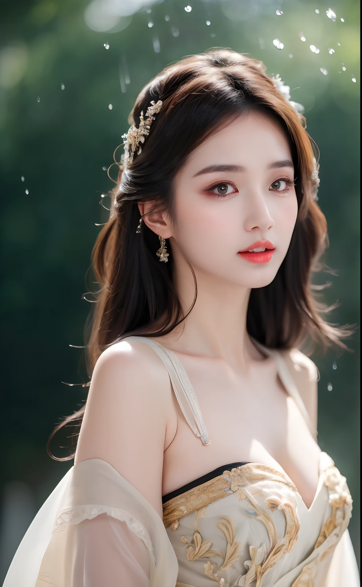 ((Best Quality, 8k, Masterpiece: 1.3)), Focus: 1.2, Perfect Body Beauty: 1.4, Buttocks: 1.2, ((Layered Haircut)), (Wet Clothes: 1.1), (Rain, Street:1.3), (Breasts: 1.2), (Hanfu: 1.2), Bare Shoulders, Bare Legs, Highly Detailed Face and Skin Texture, Fine Eyes, Double Eyelids, Whitened Skin, Long Hair, (Shut Up: 1.5), (Bokeh Background: 1.5), Big Breasts
