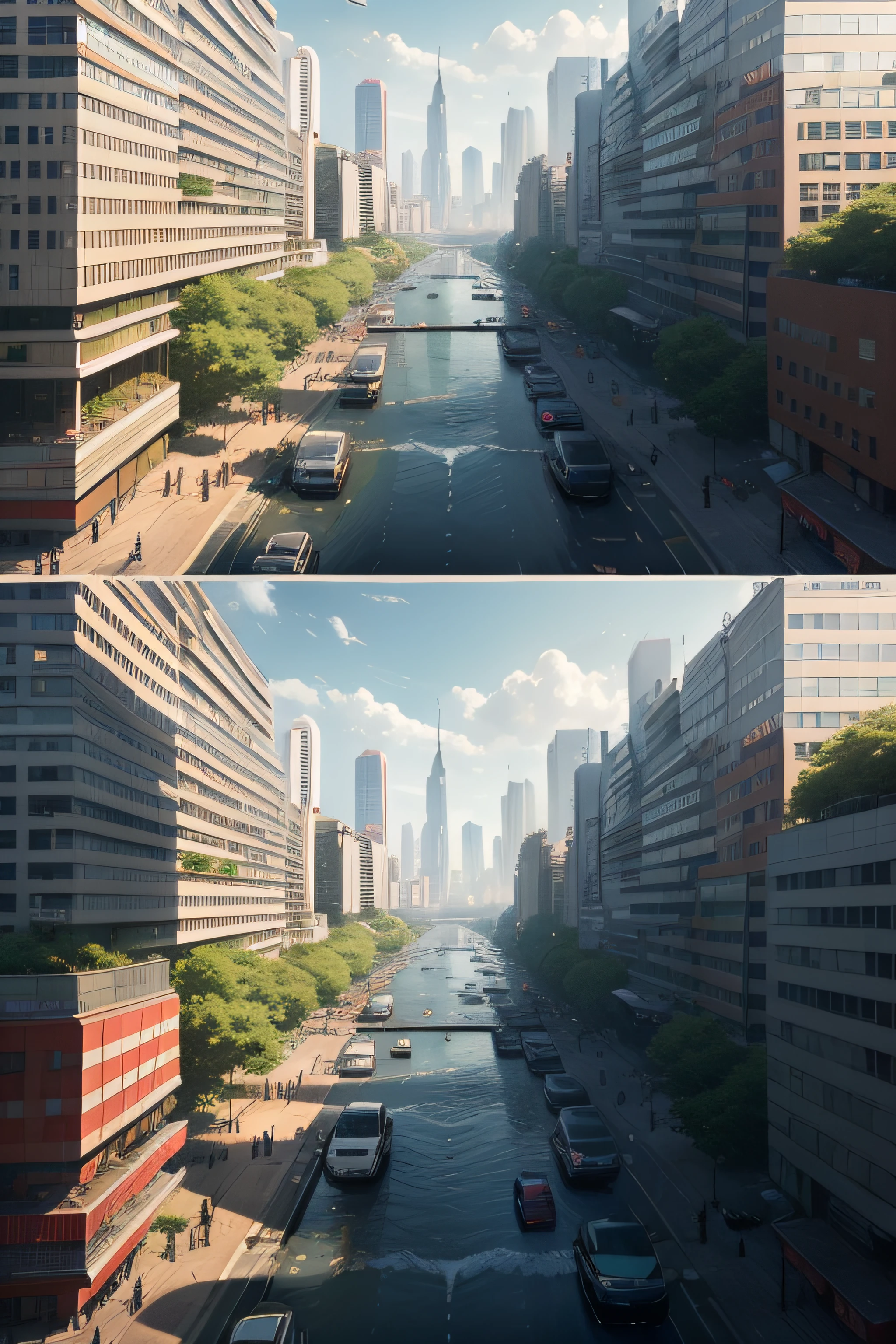 Chaos and disorder in nature、Stylization and routine of urban life 、Incorporating contingency and disorder in nature into urban life。Randomly changing building shapes、Views of the city that change depending on the weather and seasons。grand、Large-scale、Half screen:Sunnyday/Sateen