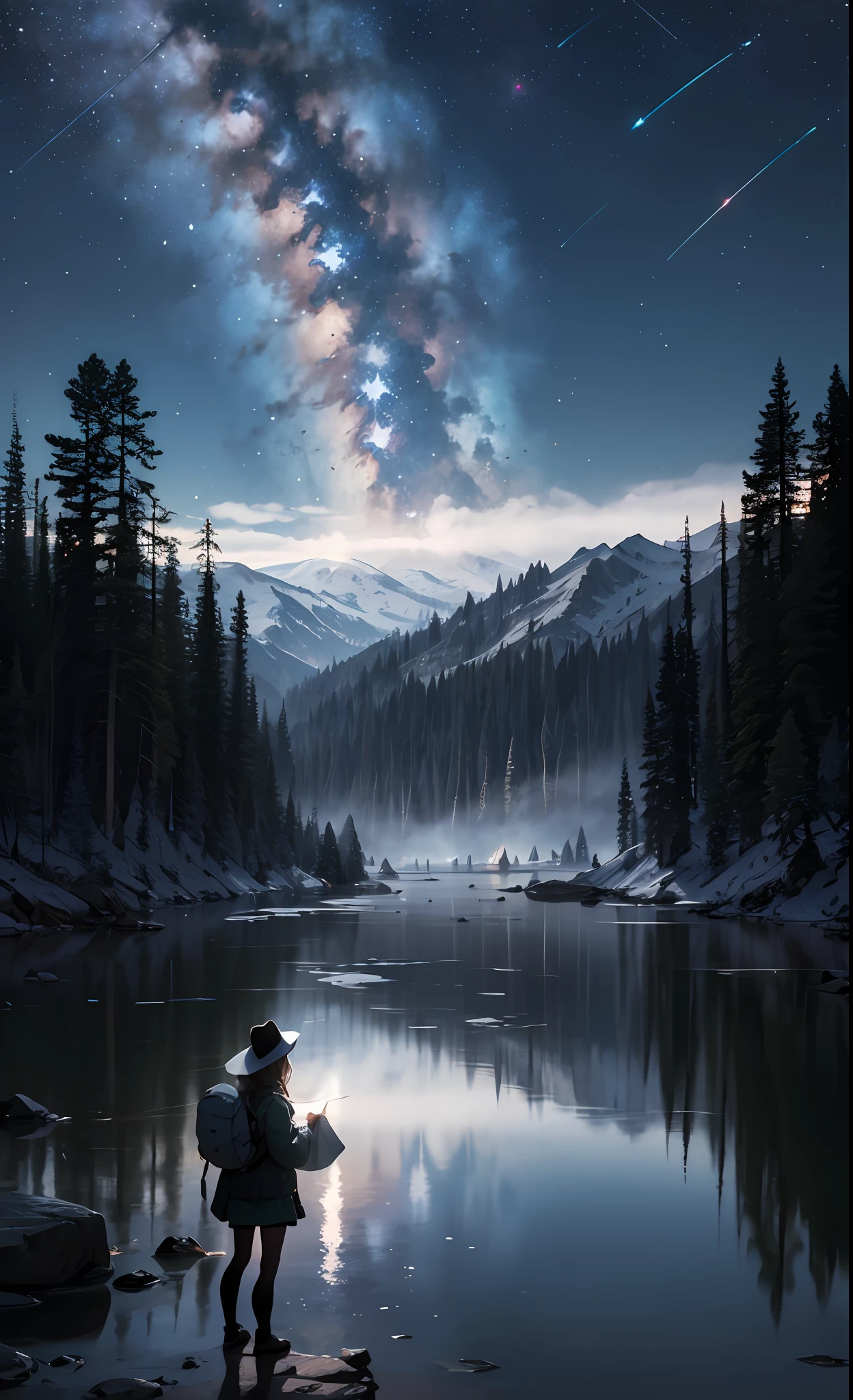 masterpiece, best quality, ultra-detailed, illustration, 1girl, solo, outdoors, camping, night, mountains, nature, stars, moon, bonfire, tent, twin ponytails, green eyes, cheerful, happy, backpack, sleeping bag, camping stove, water bottle, mountain boots, gloves, sweater, hat, flashlight, forest, rocks, river, wood, smoke, shadows, contrast, clear sky, constellations, Milky Way, peaceful, serene, quiet, tranquil, remote, secluded, adventurous, exploration, escape, independence, survival, resourcefulness, challenge, perseverance, stamina, endurance, observation, intuition, adaptability, creativity, imagination, artistry, inspiration, beauty, awe, wonder, gratitude, appreciation, relaxation, enjoyment, rejuvenation, mindfulness, awareness, connection, harmony, balance, texture, detail, realism, depth, perspective, composition, color, light, shadow, reflection, refraction, tone, contrast, foreground, middle ground, background, naturalistic, figurative, representational, impressionistic, expressionistic, abstract, innovative, experimental, unique, misty, foggy, blue tones