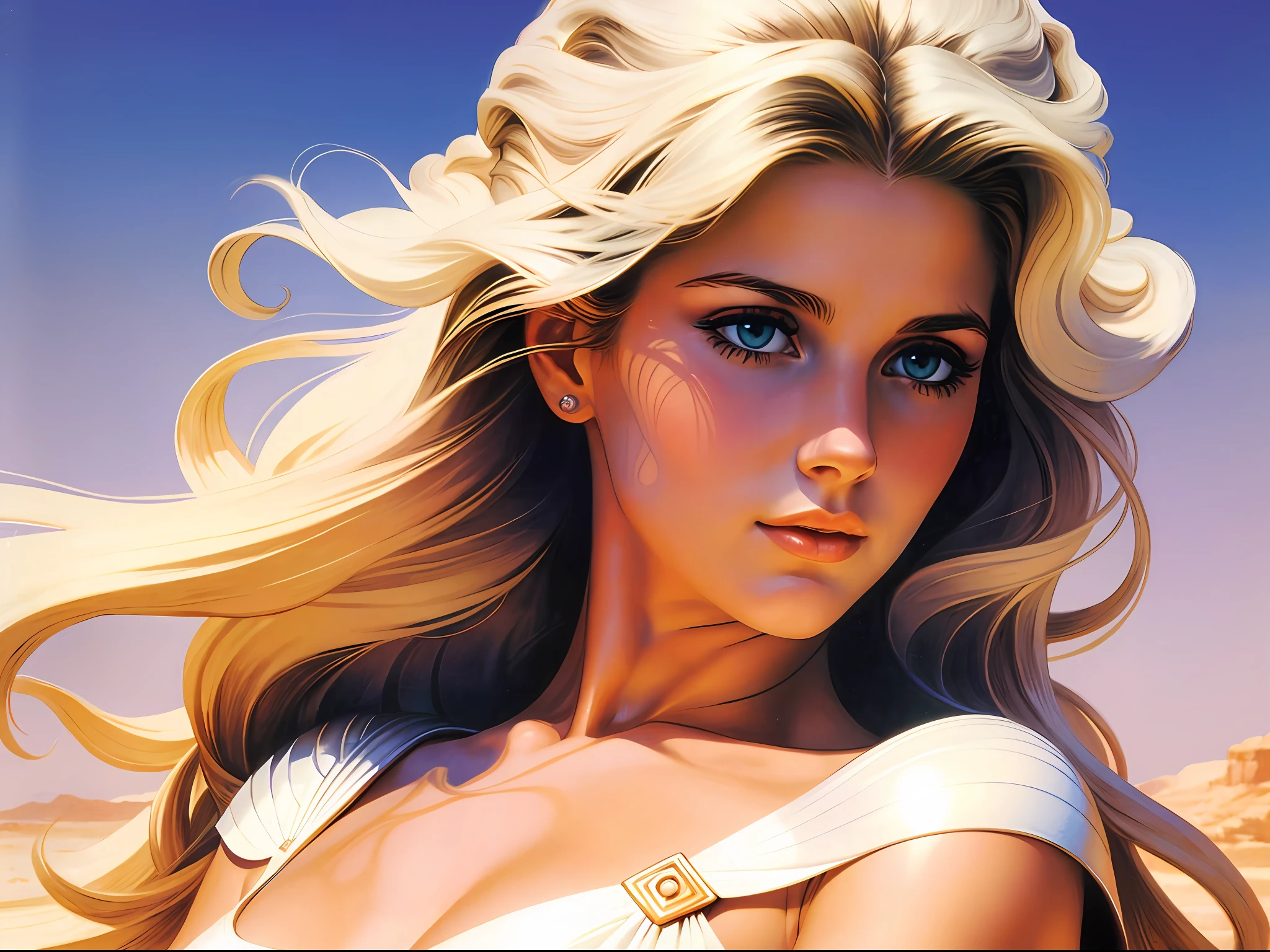 ((beste-Qualit)), ((tmasterpiece)), ((Realistic)), Ultra-detailed,[without the people of the coast of Troy:16]:1Helen of Troy, in a white tunic, Perfect colorful gradient, Illustration by Boris Vallejo, —q 4 —s 750