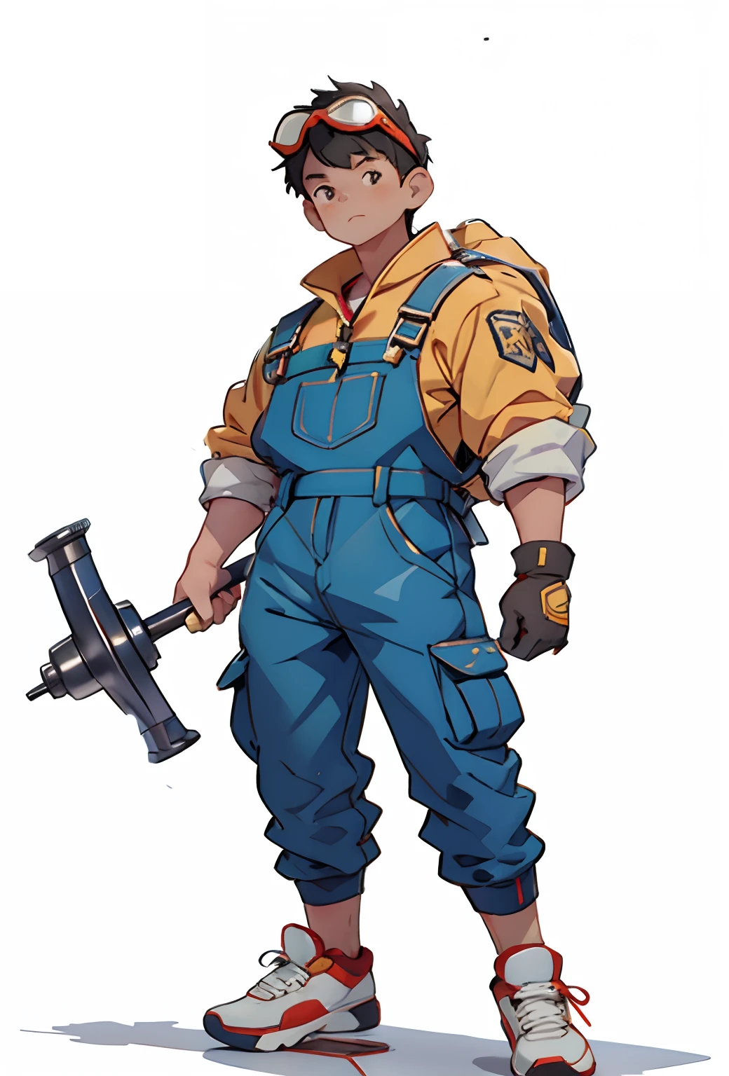 Holding a large civil engineering hammer in his right hand。Carrying on the shoulders。