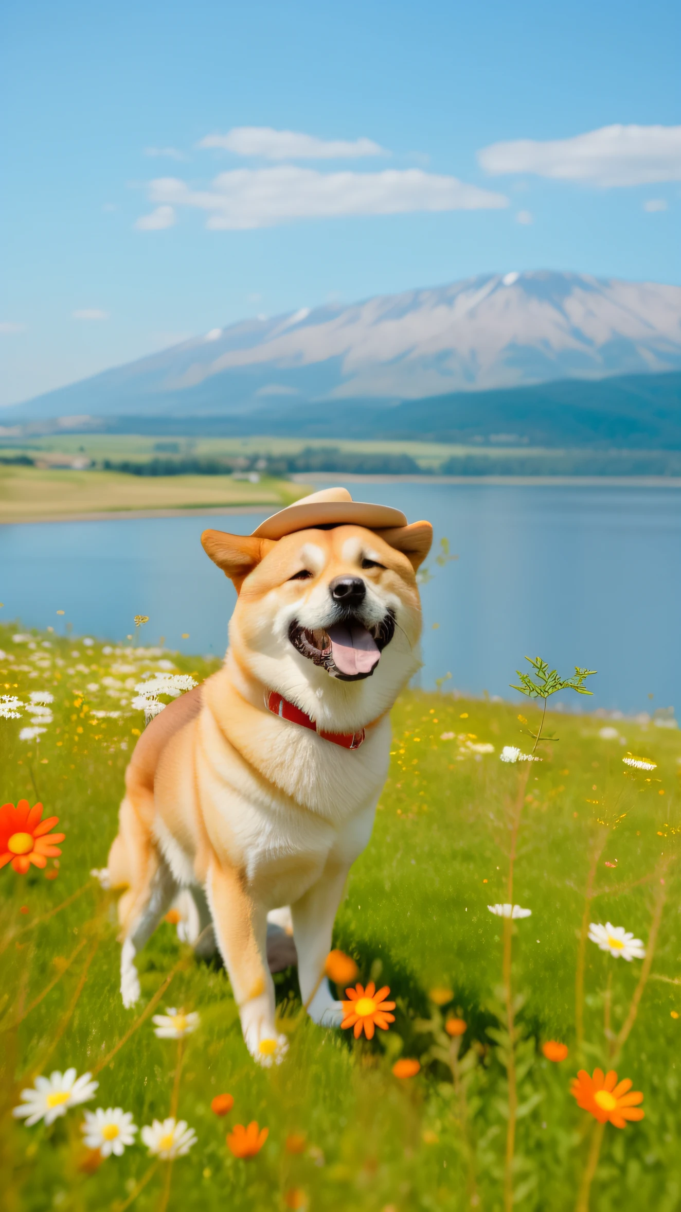 There is a dog sitting in a flower field，With a hat on, shibu inu, Anthropomorphic Shiba Inu, Shiba dog, happy dog, shiba inu dog, japanese dog, governor, animal wearing a hat, he is happy, happy finnish lapphund dog, hyper realisitc, amazing cgi, tv commercial，Global illumination