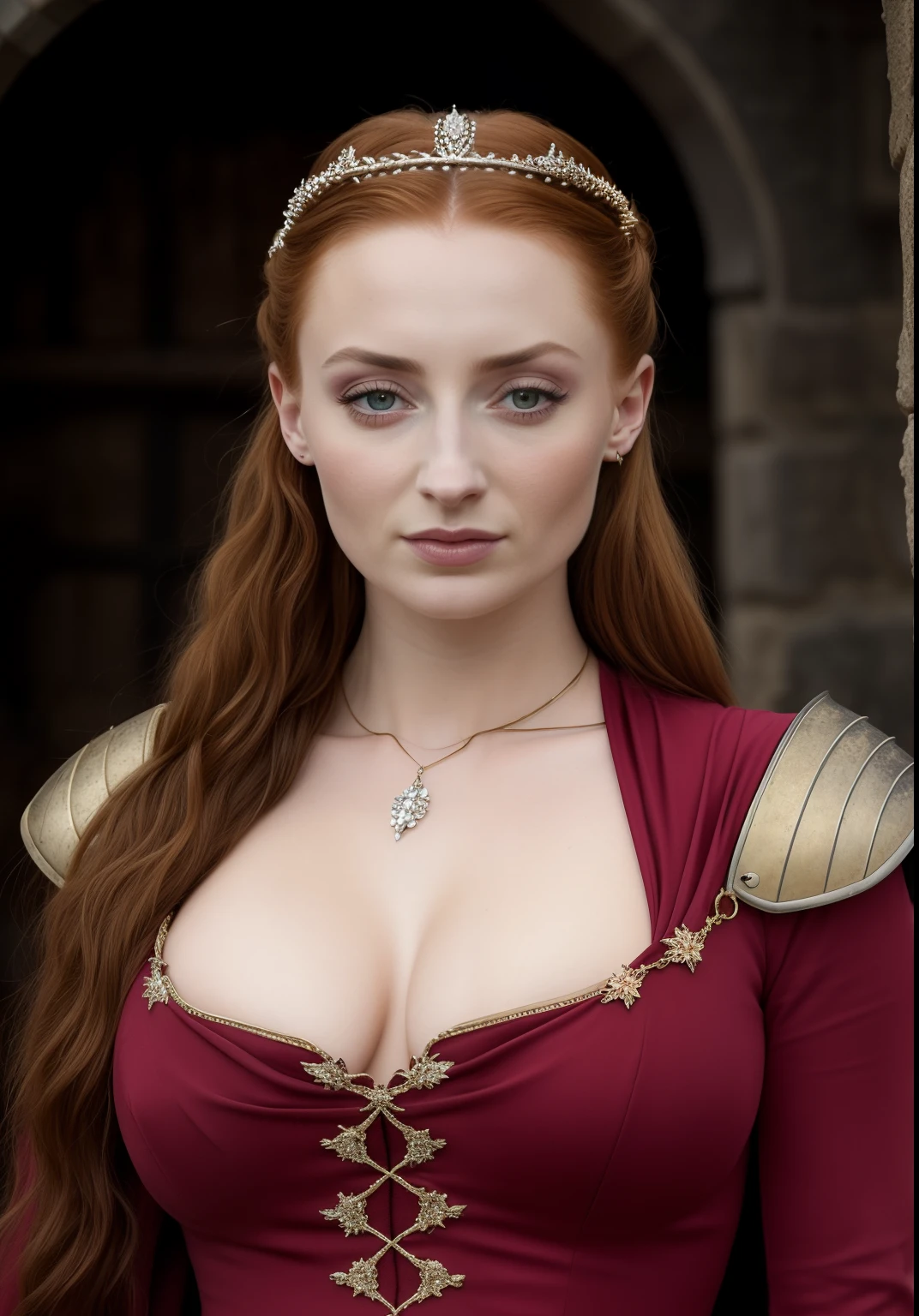 Masterpiece, Alayne Stone, Gorgeous Woman, Queen, queen lady, Lady of Winterfell, Wardeness of the North, and Sansa Stark, the de facto Lady of the Eyrie, 45 years Old, she is a Full growned mature lady now, beautiful mature lady, the queen, milf beauty, mature queen, Best quality, a small, perfectly visible mole on her breast, a captivating woman, fully ripen milf body, lustful queen, alluring appearance, unrivaled beauty, wonderful breasts, large breasts, mediaeval erotic costumes, a Game of Thrones-inspired costume, a close-up of a woman from the middle ages, sansa stark, sansa, resembles sophie turner, sophie turner, scene from "Game of Throne," deep cleavage, warrior princess, healthy body, perfect thick body, attractive figure, fleshy body, style of "Game of Throne," beautiful lady, beautiful woman, mediaeval clothes, stunning woman, 8K, insane details, dress made of clothes and jewelry, round face, perfect hair, styled hair, perfect hands, perfect fingers, perfect eyes