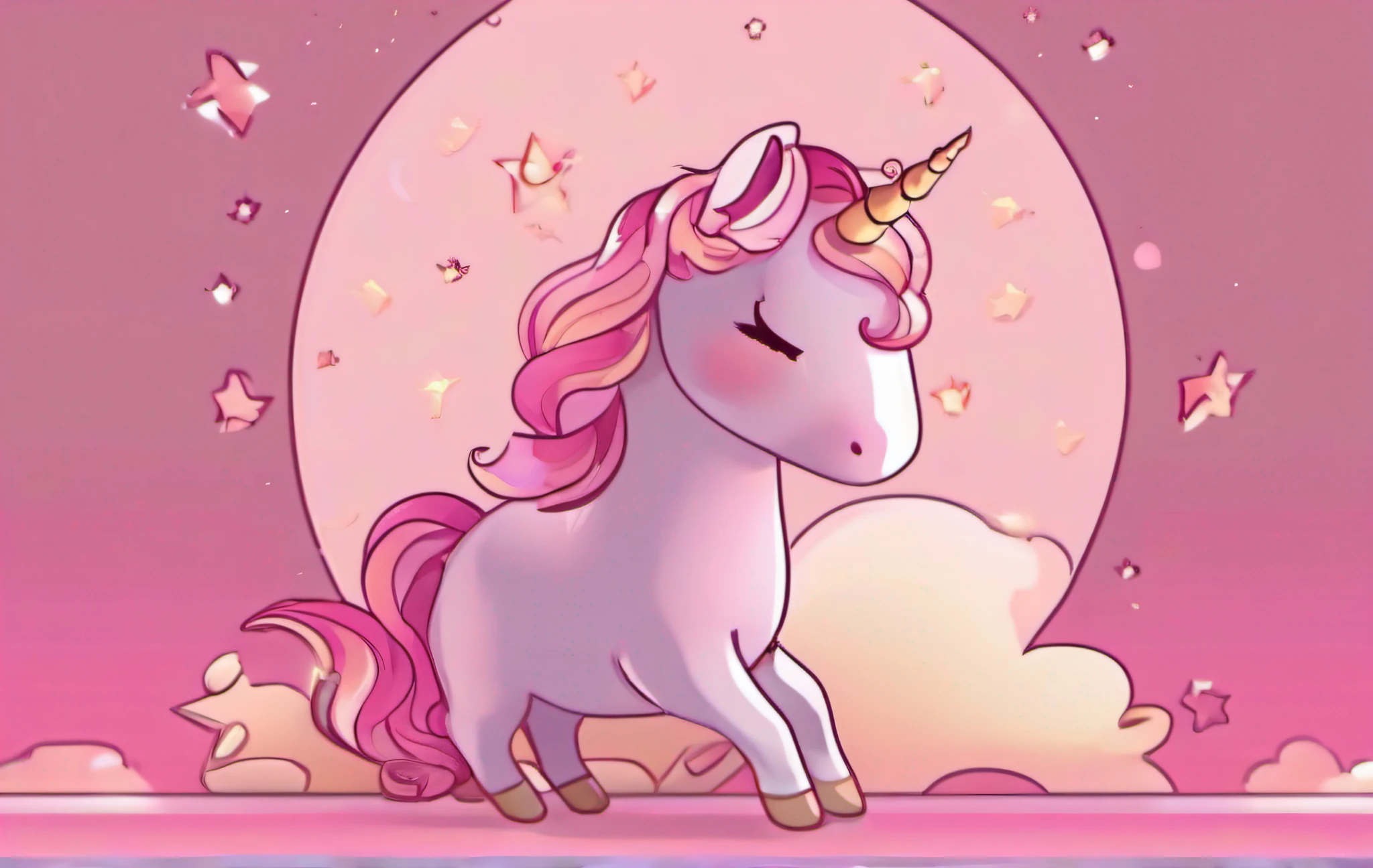 The overall tone is pink,A cute unicorn,rainbowing,As estrelas,Clouds,Pink,cartoonish style