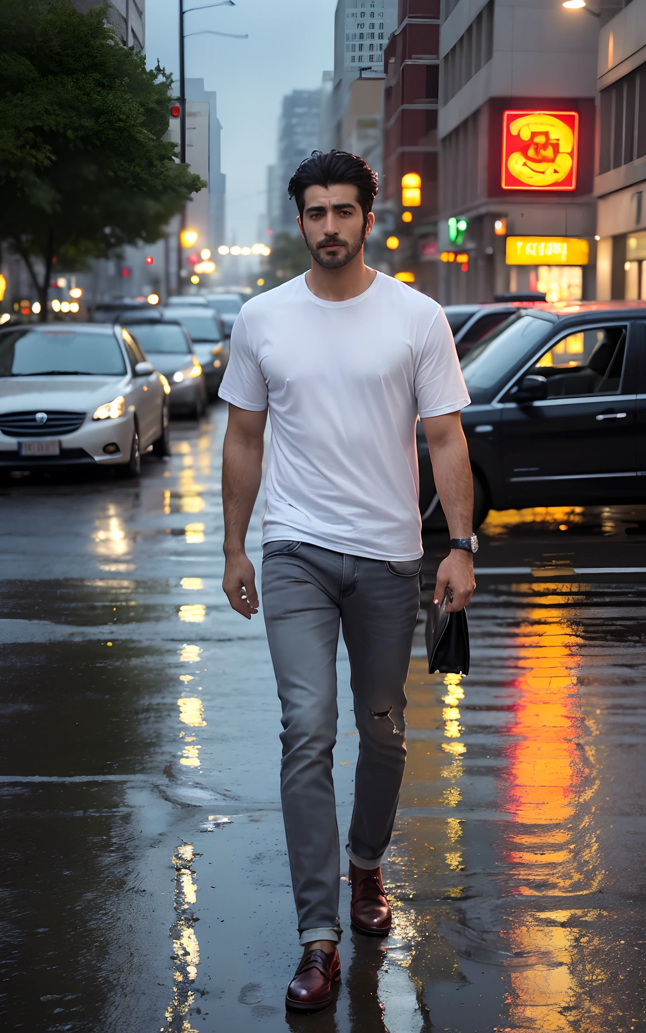 (RAW photo, best quality, highest quality, masterpiece:1.2), (realistic, photo-realistic:1.37), ultra high res, (1 man 36 year's old, Tirkish handsome:2.0), (summer night:1.3), (Maroon round neck plain Tee-shirt, regular fit baggy Tee-shirt, grey bottom fold regular fit lose jeans:1.3), (standing on a street, wet wide road:1.4), high rise buildings, traffic cars, yellow cabs behind, rainy weather, headlights, walking style, rainy atmosphere, full body, Oxford red moccasin shoes, model style Posing, carrying leather laptop bag, (focus face:1.3), (high contrast:1.1), (detailed background:1.3), dynamic pose, intricate detail, delicate pattern, (vibrant, colorful:1.3), (high sharpness), middle eastern guy, fashion posing, short black hairstyle, plain regular fit lose Tee-shirt no printing on Teeshirt, light bearded, Turkish boy in walking style.