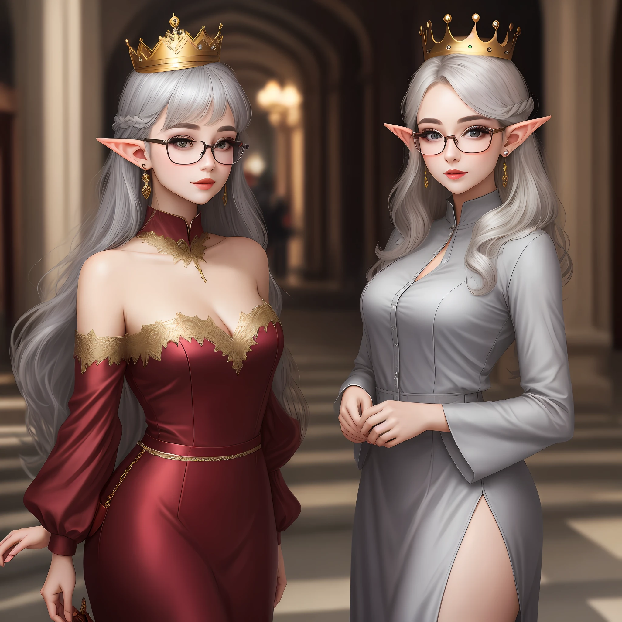 Beautiful woman wearing crown on head halo gray hair young sexy with earrings,Elf glasses