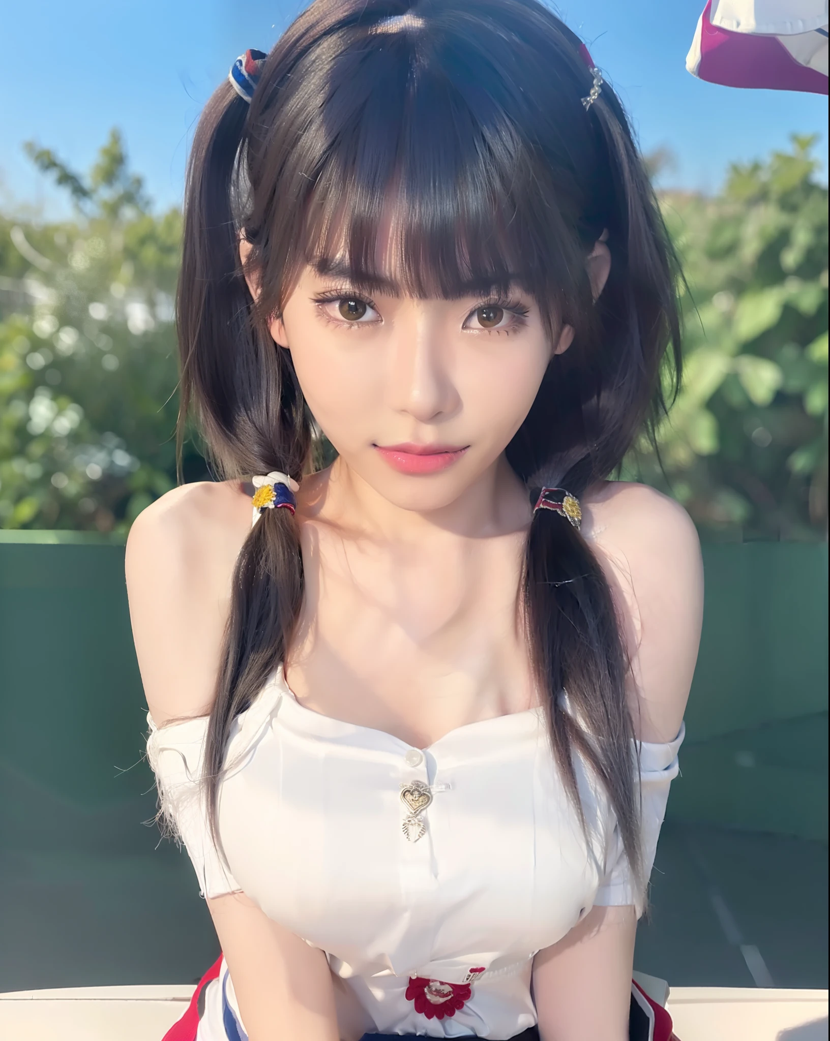 ((Top Quality, 8k, Masterpiece: 1.3)), Crisp Focus: 1.2, Beautiful Women with Perfect Figure: 1.4, (Face detail), (Shadow Detail), (huge breasts: 1.5), Kurumi date a live, 1 japanese girl, 20 years old, black hair, long pony covering the right eye, wide eyes, eyebrows dip upwards, thin smile, white sport shirts, white hair pigtail