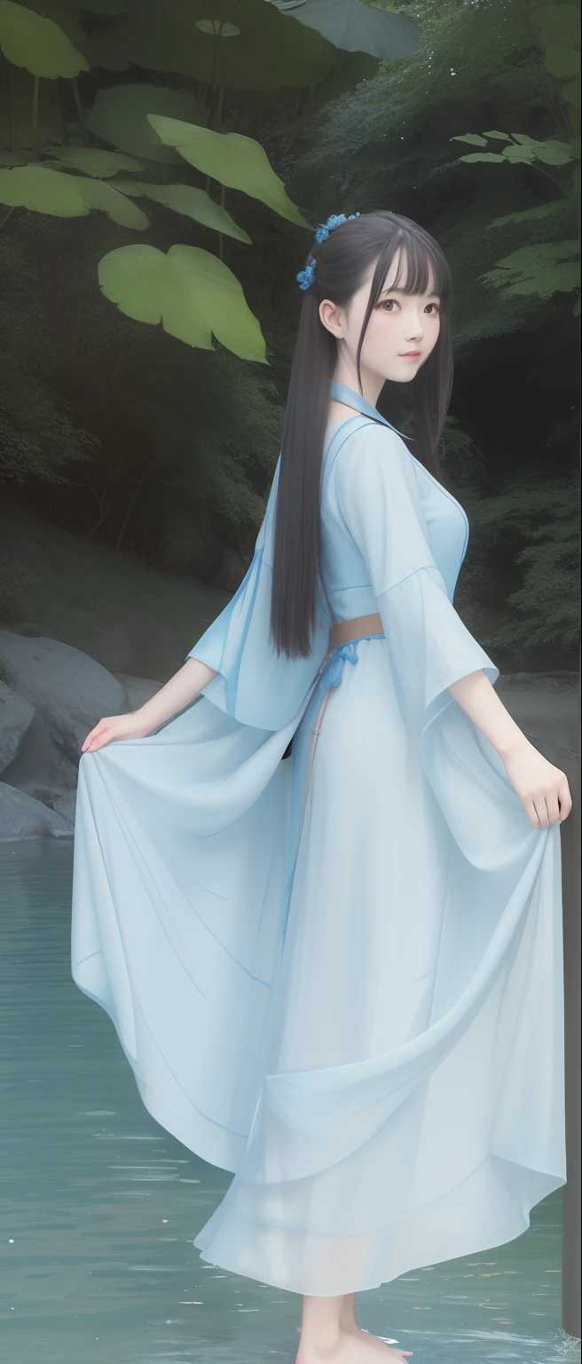 ((4k,masterpiece,best quality)), shuimobysim, Chinese painting, lotus, hanfu, maxiskit, revealing dress 1girl, solo, long blue hair, smile, standing, feet in water, barefoot,