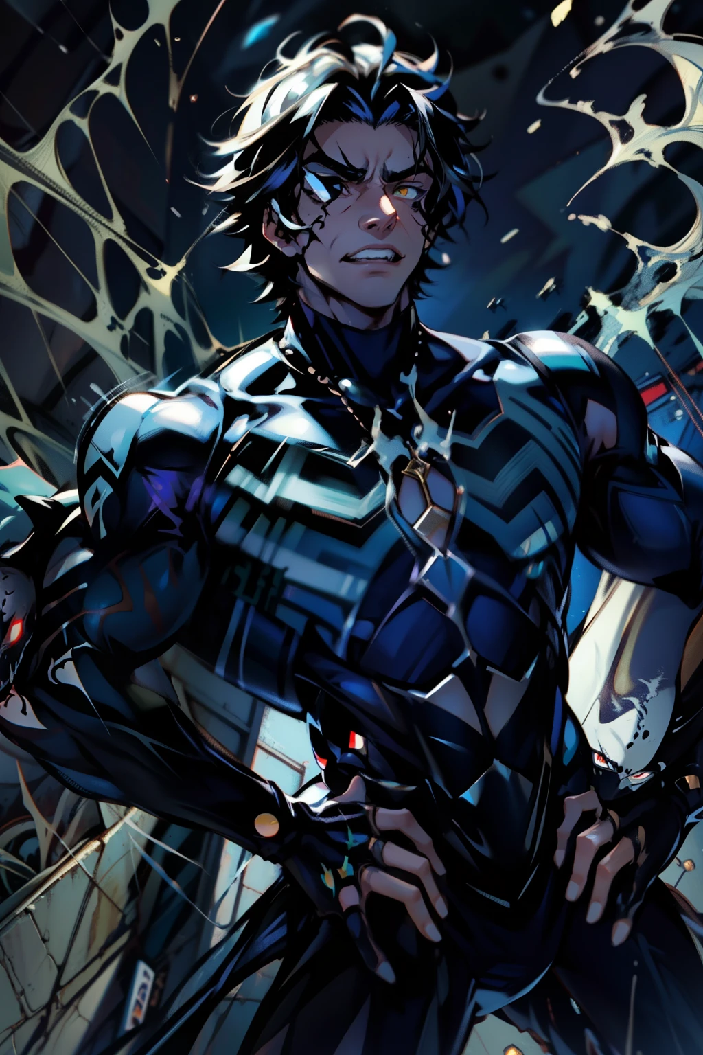 《the original god》Arataki Kazuto , male people, chest muscle, Sexy , Venom symbiote for your body, Black mucus of the body , into venom, venomize,Black bodysuit,(Cloak),Red cape,Abs,(Adult male)((Venom possession,venom symbiote)),over-Tortoise Man,Battle damage,((Masterpiece)), ((Best quality)), Ultra detailed,((illustration)), Dynamic Angle, Detailed light, (Delicate eyes), Floating, 1boy, Male focus, Head, Clothing, Yellow eyes, necklace, tattoo, (Forehead:0.8), (ahoge:0.8), jewelry, brunette color hair,apathy,Ray, chest muscle, Sexy , Venom symbiote for your body, Black mucus of the body , (into venom), Venom,frontage,Bust photo,White tight-fitting top,spiderman outfit,style of anime4 K, 4K anime wallpaper, Badass anime 8 K, 4 k comic wallpaper, young anime man, Anime boys, Anime wallpapers 4 k, Anime wallpaper 4K, High quality anime art style, Anime moe art style, Anime art wallpaper 8 K, Anime art wallpaper 4 K, RGB lighting,