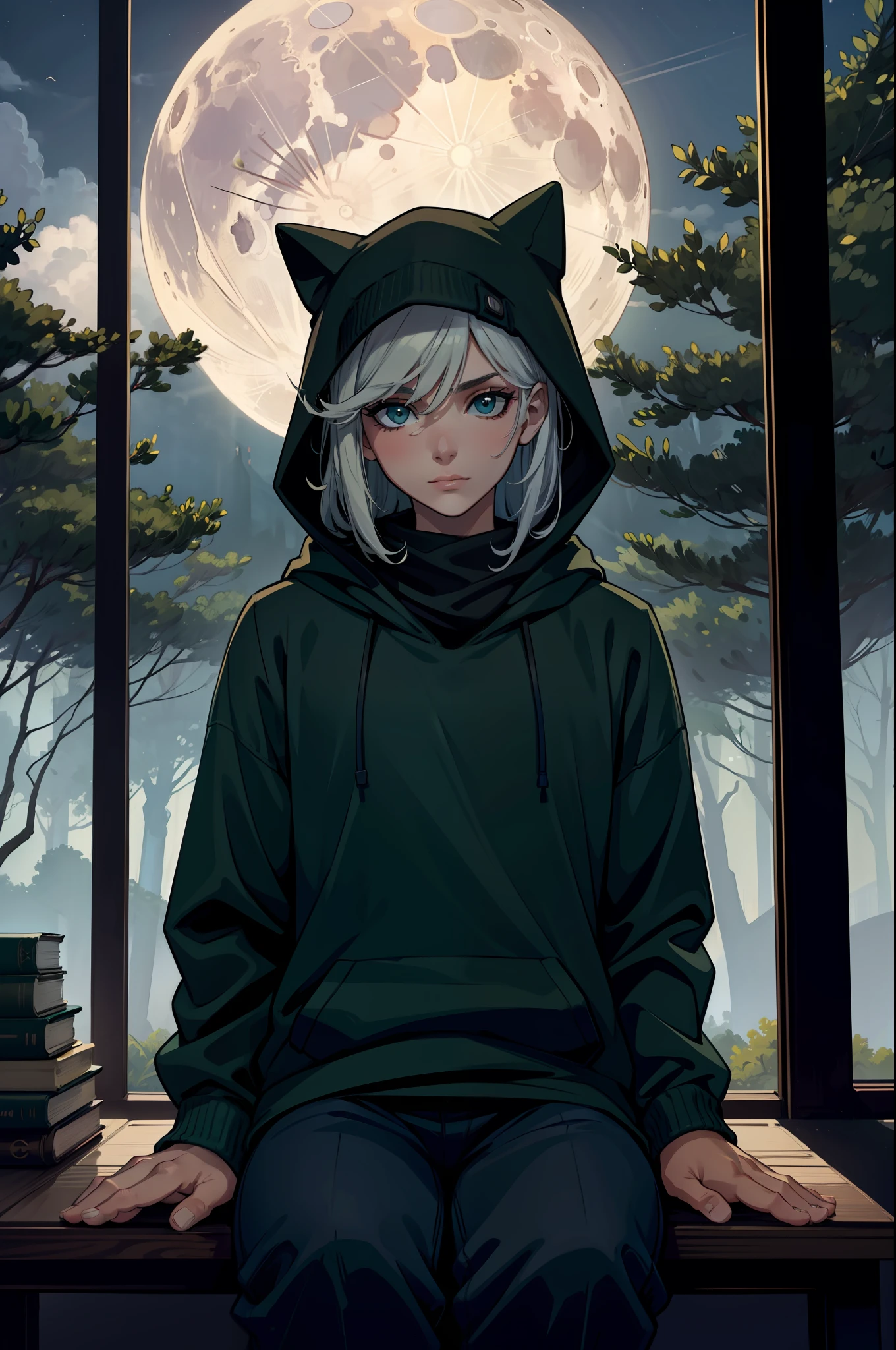(masterpiece:1.2, best quality:1.2, beautiful, high quality, highres:1.1, aesthetic), detailed, extremely detailed, ambient soft lighting, 4K, perfect eyes, perfect face, perfect lighting, 1Guy, sitting on roof looking out into a forest, wearing Black hoodie, Green Beanie and Neck Scarf, Closed mouth, Moon behind trees, moonlight rays casting over everything