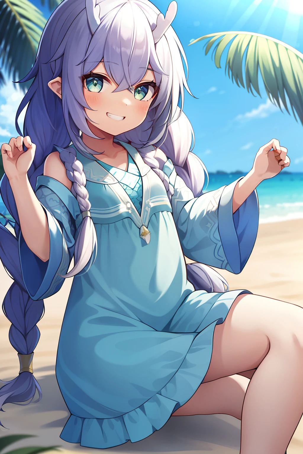 1girll,tmasterpiece,White braids,dance,Green eyes,grin,beachside