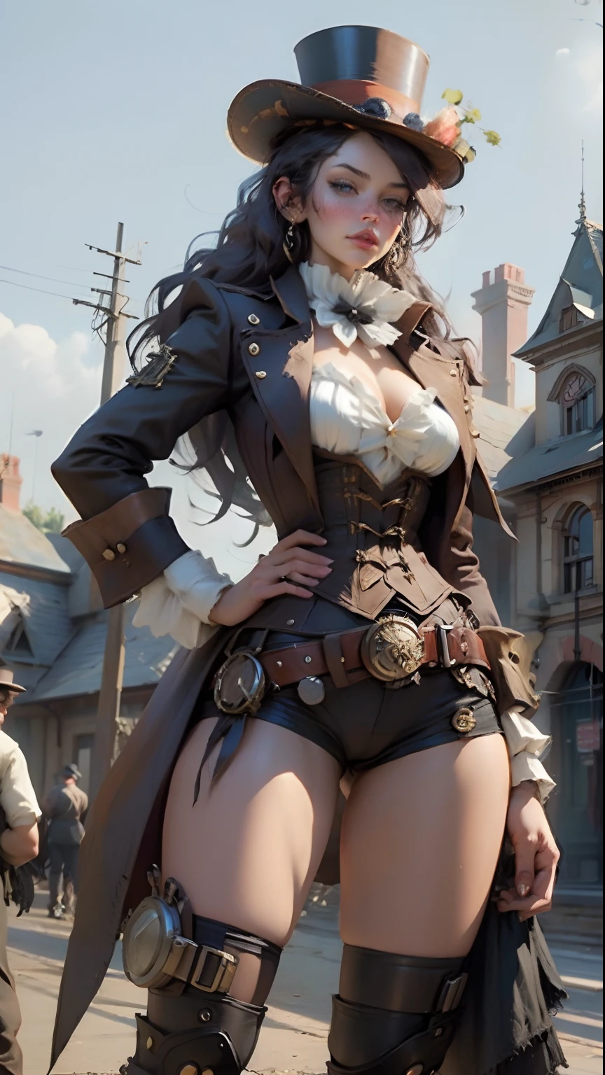 steampunk woman body defined thick thighs, steampunk top hats short underwear, railway station in background, victorian age, steampunk style