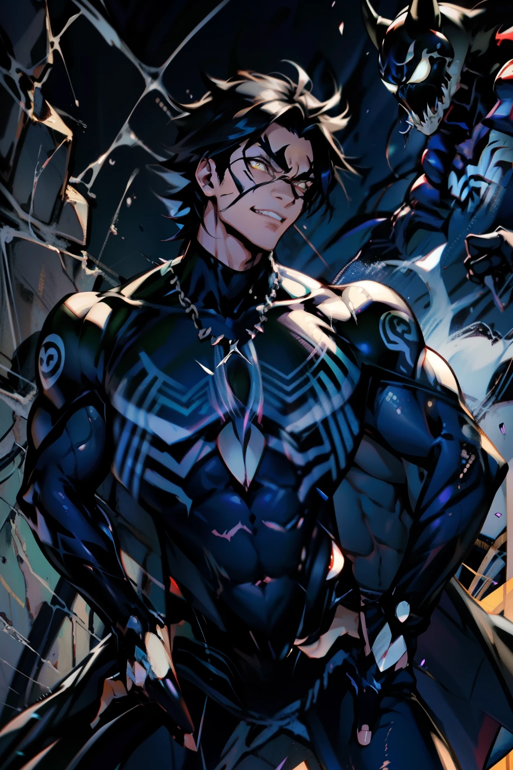 《the original god》Arataki Kazuto , male people， chest muscle， Sexy , Venom symbiote for your body, Black mucus of the body , into venom, venomize，Black bodysuit，（Cloak），Red cape，Abs，（Adult male）（（Venom possession，venom symbiote）），over-Tortoise Man，Battle damage，((Masterpiece)), ((Best quality)), Ultra detailed,((illustration)), Dynamic Angle, Detailed light, (Delicate eyes), Floating, 1boy, Male focus, Head, Clothing, Yellow eyes, necklace, tattoo, (Forehead:0.8), (ahoge:0.8), jewelry, brunette color hair,apathy，Ray， chest muscle， Sexy , Venom symbiote for your body, Black mucus of the body , （into venom）, Venom，frontage，Bust photo，White tight-fitting top，spiderman outfit，style of anime4 K， 4K anime wallpaper， Badass anime 8 K， 4 k comic wallpaper， young anime man， Anime boys， Anime wallpapers 4 k， Anime wallpaper 4K， High quality anime art style， Anime moe art style， Anime art wallpaper 8 K， Anime art wallpaper 4 K， RGB lighting，