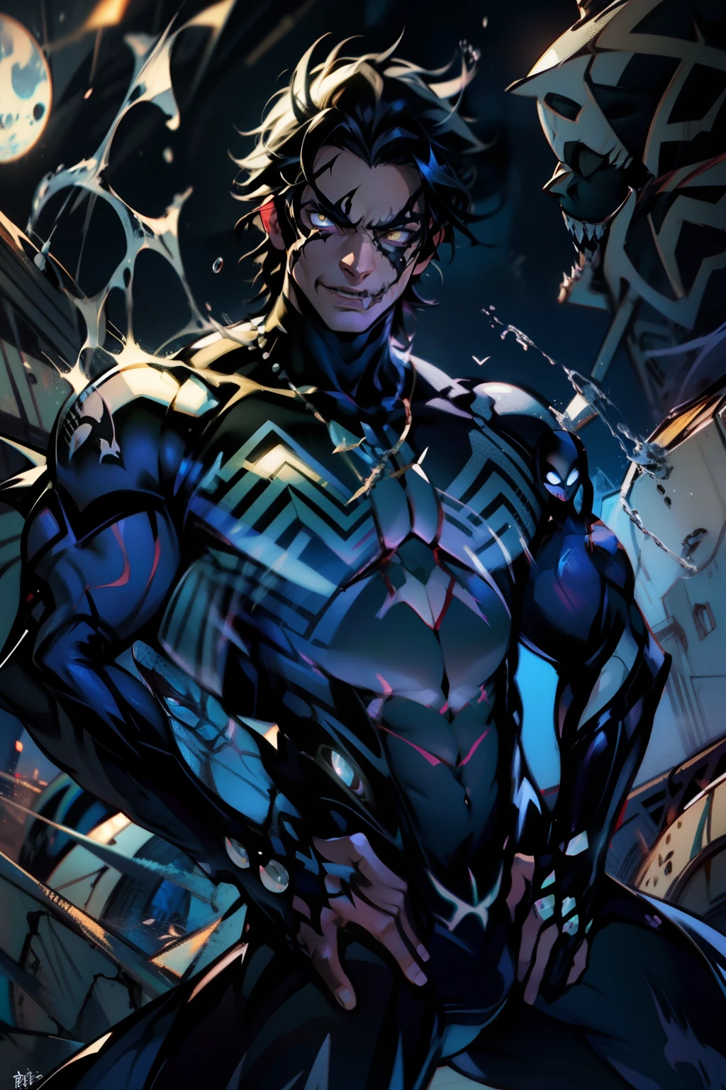 《the original god》Arataki Kazuto , male people, chest muscle, Sexy , Venom symbiote for your body, Black mucus of the body , into venom, venomize,Black bodysuit,(Cloak),Red cape,Abs,(Adult male)((Venom possession,venom symbiote)),over-Tortoise Man,Battle damage,((Masterpiece)), ((Best quality)), Ultra detailed,((illustration)), Dynamic Angle, Detailed light, (Delicate eyes), Floating, 1boy, Male focus, Head, Clothing, Yellow eyes, necklace, tattoo, (Forehead:0.8), (ahoge:0.8), jewelry, brunette color hair,apathy,Ray, chest muscle, Sexy , Venom symbiote for your body, Black mucus of the body , (into venom), Venom,frontage,Bust photo,White tight-fitting top,spiderman outfit,style of anime4 K, 4K anime wallpaper, Badass anime 8 K, 4 k comic wallpaper, young anime man, Anime boys, Anime wallpapers 4 k, Anime wallpaper 4K, High quality anime art style, Anime moe art style, Anime art wallpaper 8 K, Anime art wallpaper 4 K, RGB lighting,