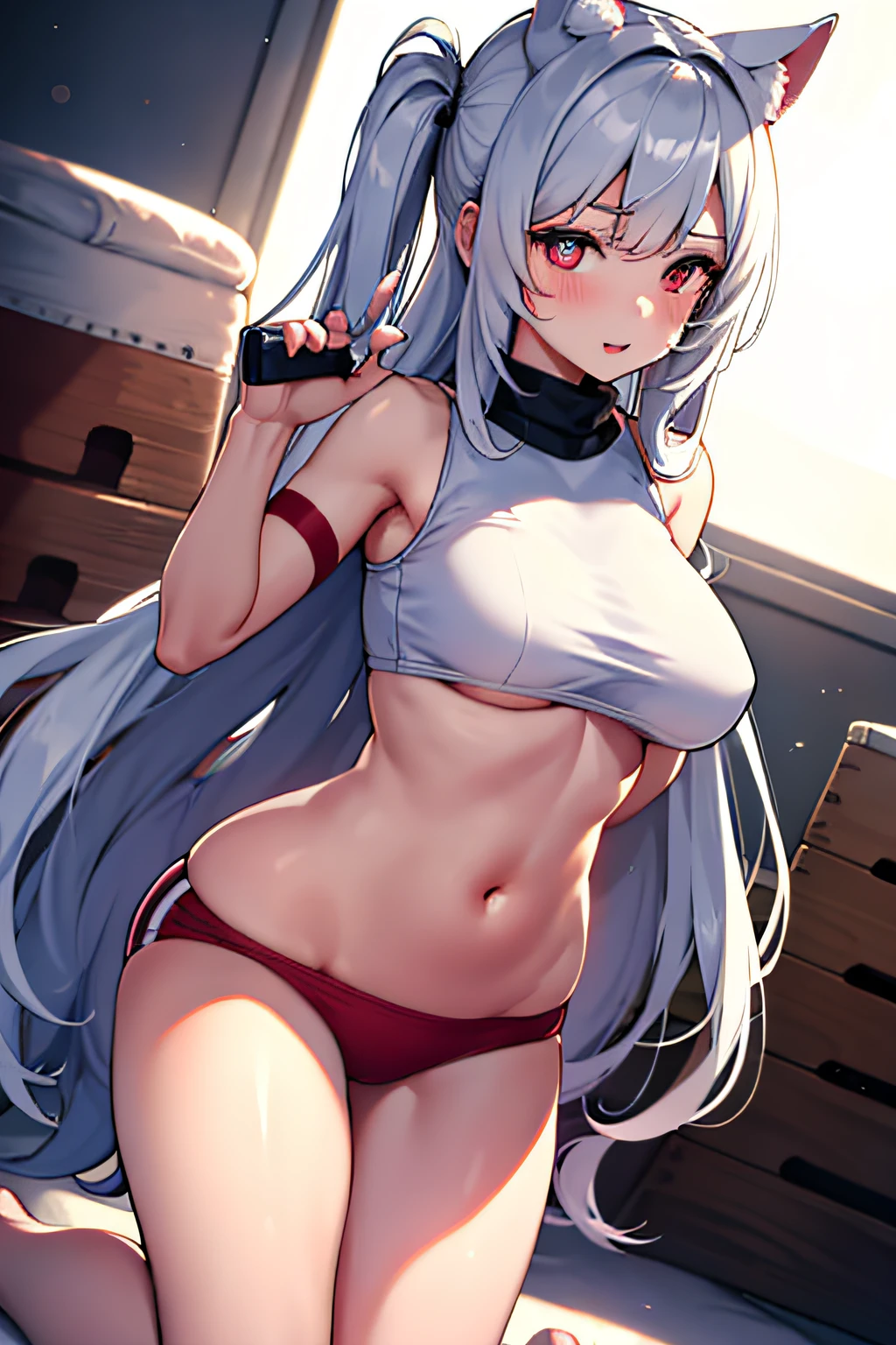 gym storeroom，1girl，tmasterpiece，The best quality，Very detailed long white hair with red pupils