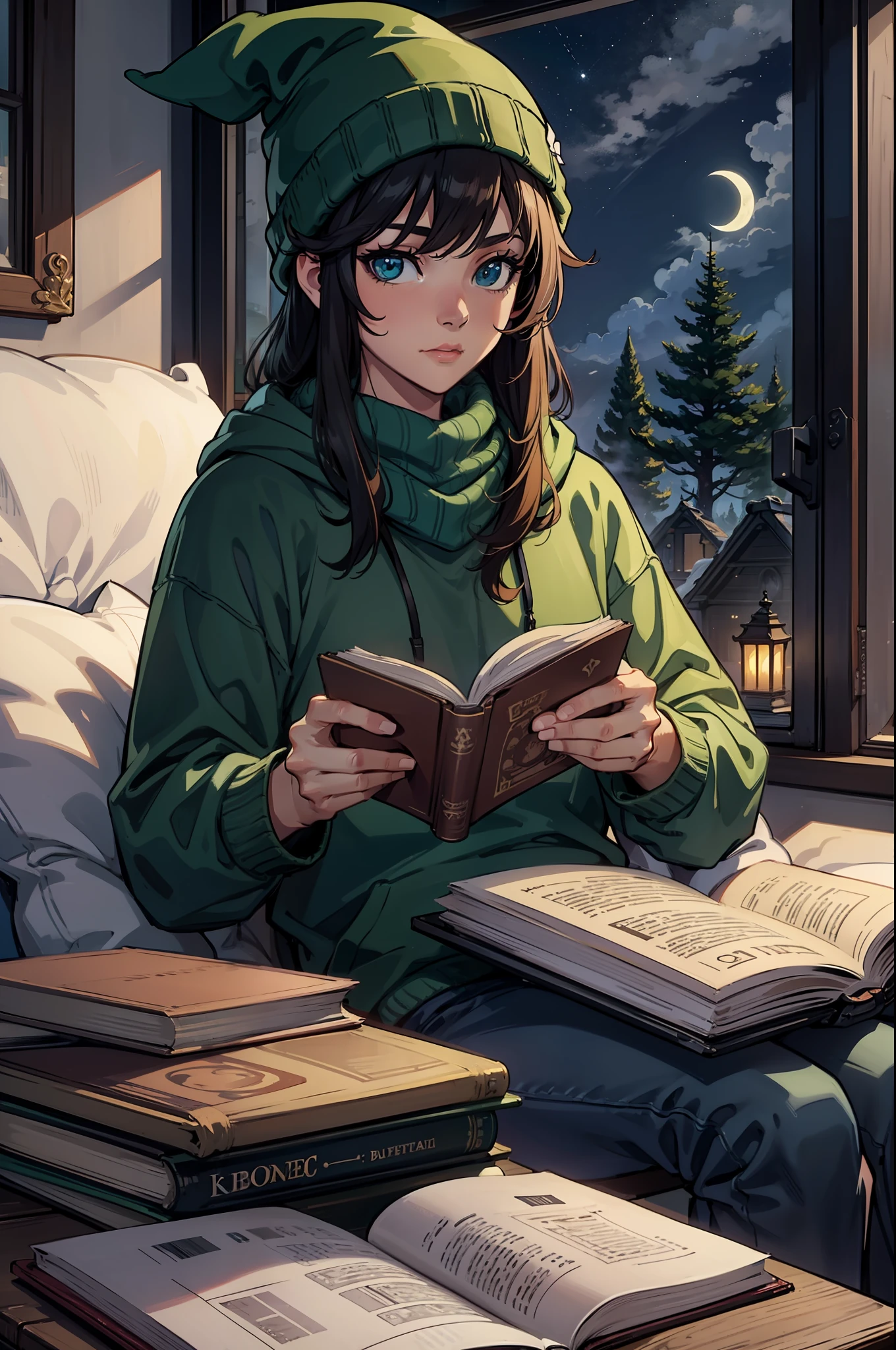 (masterpiece:1.2, best quality:1.2, beautiful, high quality, highres:1.1, aesthetic), detailed, extremely detailed, ambient soft lighting, 4K, perfect eyes, perfect face, perfect lighting, 1boy , sitting by window reading a book, wearing Black hoodie, Green Beanie and Neck Scarf, Closed mouth, Moon behind trees, moonlight rays casting over everything, fresh coffee mug, library filled with book,