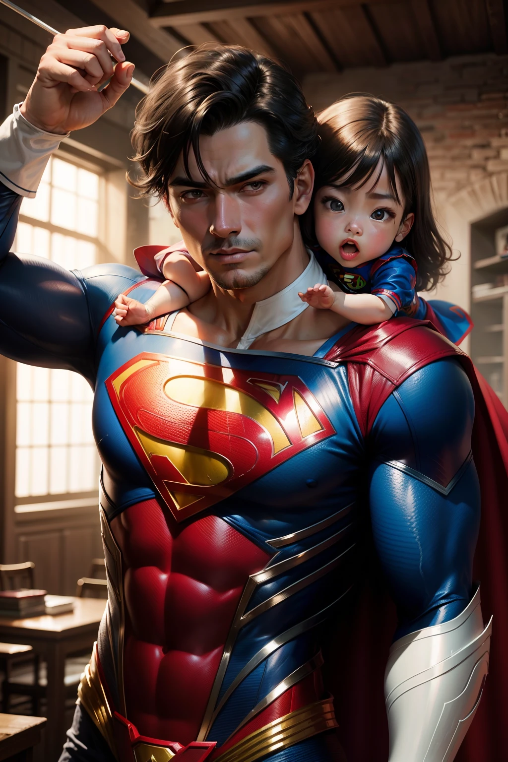 tmasterpiece, Superman clothes, Dad and daughter, The daughter rides on her father's shoulders,Live-action style, Textured skin,Oriental
