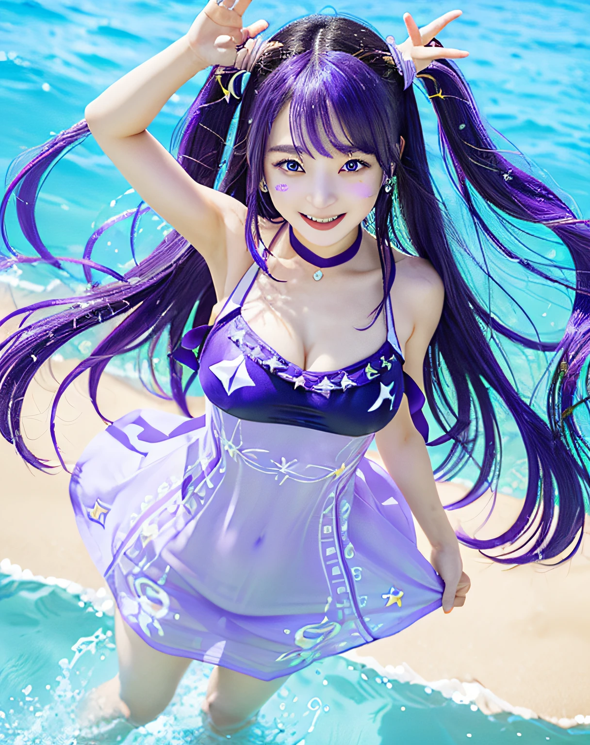 Colossal tits、Sea、Clothes with open chest、swimware, bikini of, full body Esbian、The bikini、Swimsuit、swim wears、A slender、illustratio、(masterpiece)、(top-quality)、(ultra-detailliert)、finely detail、(depth of fields)、Hinoai、tongue-out、tongue、length hair、Star \ (Symbols\)、Looking at the camera、(Purple hair:1.2)、Purple Eye、hair adornments、A smile、Sleeveless、Idol、Symbol Eye、pulling the hands up、bangss、One side up、star-shaped pupils、Raise your arms、Pull the dress、1人、