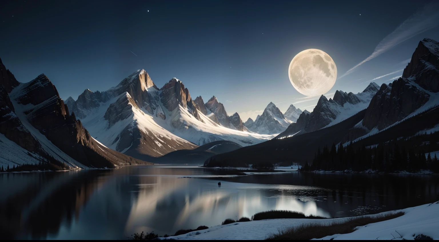 mountains and a lake with a moon in the sky, 4k highly detailed digital art, 4 k hd wallpaper very detailed, impressive fantasy landscape, sci-fi fantasy desktop wallpaper, unreal engine 4k wallpaper, 4k detailed digital art, sci-fi fantasy wallpaper, epic dreamlike fantasy landscape, 4k hd matte digital painting, 8k stunning artwork