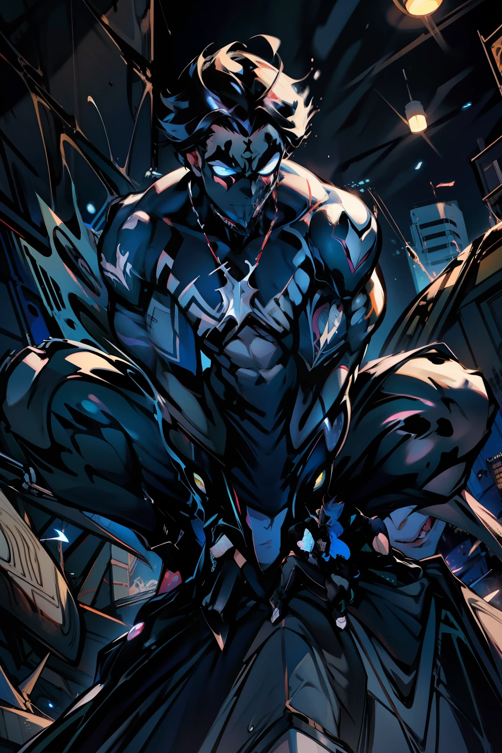 《the original god》Arataki Kazuto , male people, chest muscle, Sexy , Venom symbiote for your body, Black mucus of the body , into venom, venomize,Black bodysuit,(Cloak),Red cape,Abs,(Adult male)((Venom possession,venom symbiote)),over-Tortoise Man,Battle damage,((Masterpiece)), ((Best quality)), Ultra detailed,((illustration)), Dynamic Angle, Detailed light, (Delicate eyes), Floating, 1boy, Male focus, Head, Clothing, Yellow eyes, necklace, tattoo, (Forehead:0.8), (ahoge:0.8), jewelry, brunette color hair,apathy,Ray, chest muscle, Sexy , Venom symbiote for your body, Black mucus of the body , (into venom), Venom,frontage,Bust photo,White tight-fitting top,spiderman outfit,style of anime4 K, 4K anime wallpaper, Badass anime 8 K, 4 k comic wallpaper, young anime man, Anime boys, Anime wallpapers 4 k, Anime wallpaper 4K, High quality anime art style, Anime moe art style, Anime art wallpaper 8 K, Anime art wallpaper 4 K, RGB lighting,