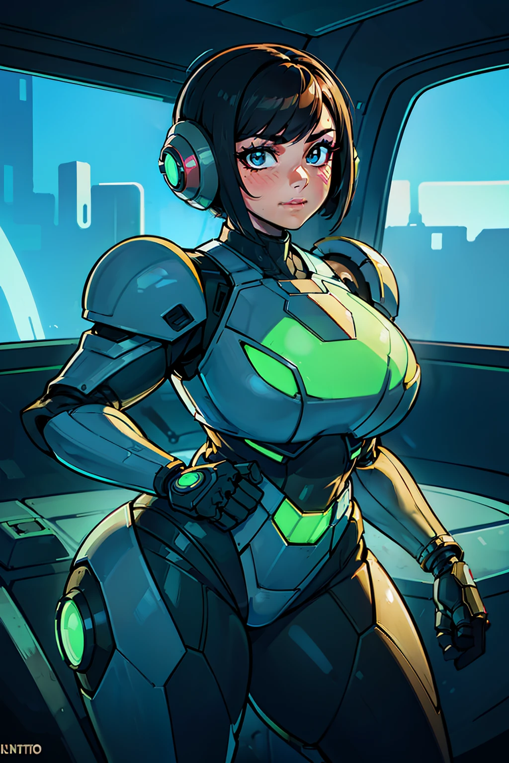 heroic woman, sexy, professional artwork, detailed eyes, beautiful eyes, beautiful face, flawless face, gorgeous face, smooth features, large breasts, blush, thick thighs, beautifully detailed background, chubby, thick, curvaceous, voluptuous, thick thighs, wide hips, belly, soft, full figure, big beautiful woman, pudgy, sci-fi, science fiction, future, neon lights, space ship interior, space ship, space, space visible through window, outer space, mechanical background, power armor, power suit, armored, armor, metroid dread, metroid, cyberpunk, cyborg, cyborg woman, cybernetics, cybernetic, robot, robotic arm, robotic leg, smiling, short hair, black hair