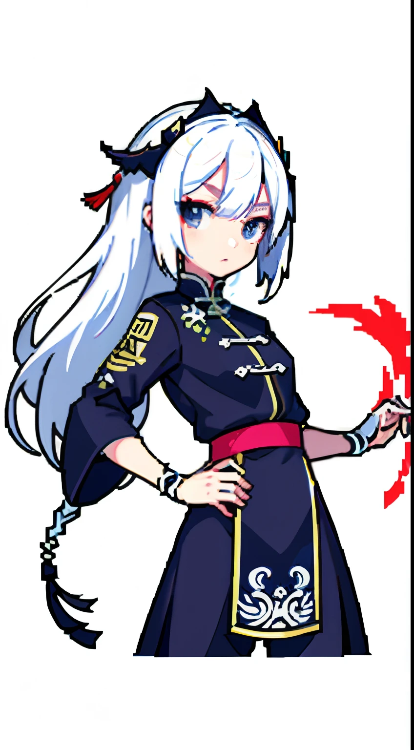 （tmasterpiece，top Quority，best qualtiy），pix，pixelart，1girl，knifes, Chinese clothing, Long white hair, Deep black eyes, Nice looking face，fight, full bodyesbian，