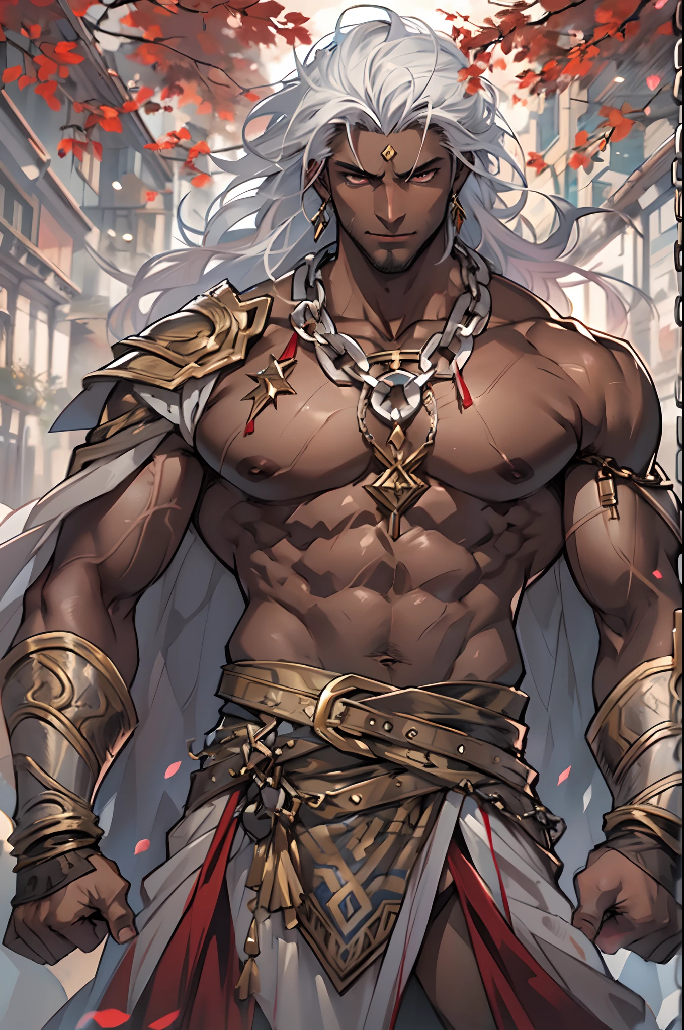 "Stunningly detailed anime sketch of a solo ((tall)) ((muscular)) ((dark-skinned)) greek male. He exudes maturity and has vibrant wild white hair and deep crimson eyes. Dressed in revealing greek fantasy clothing, including a chains around his arms."