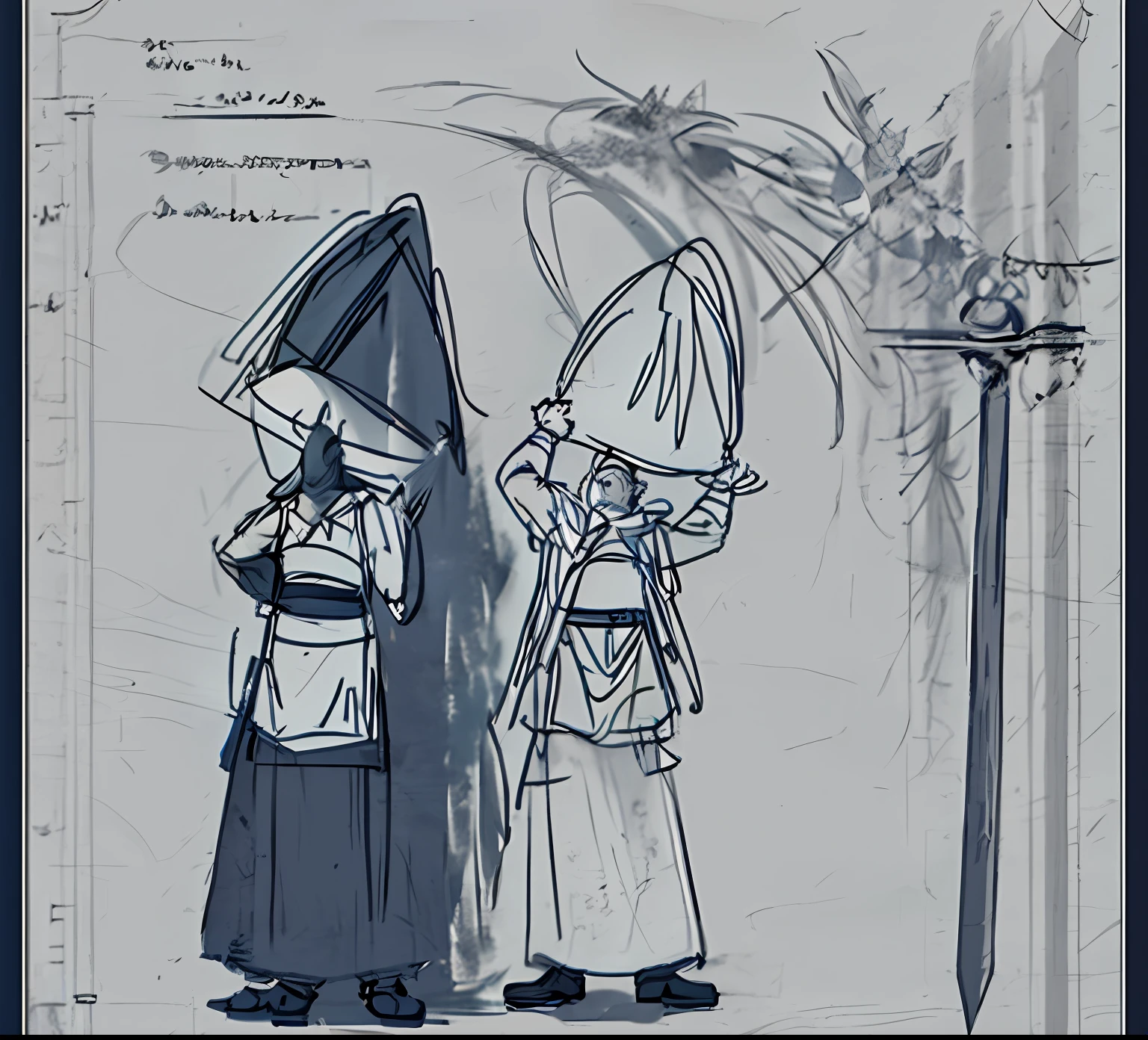 Sketch of two men with hats and a sword, Line sketch, Inspired by Jacques Carrot, concept art of a monk, Line sketch!!, Ink outline, guards intricate, concept art sketch, torchan. Sketch, intense line art, heavy outline, concept sketches, Character design sketch, heavy lineart, mages, Official concept art
