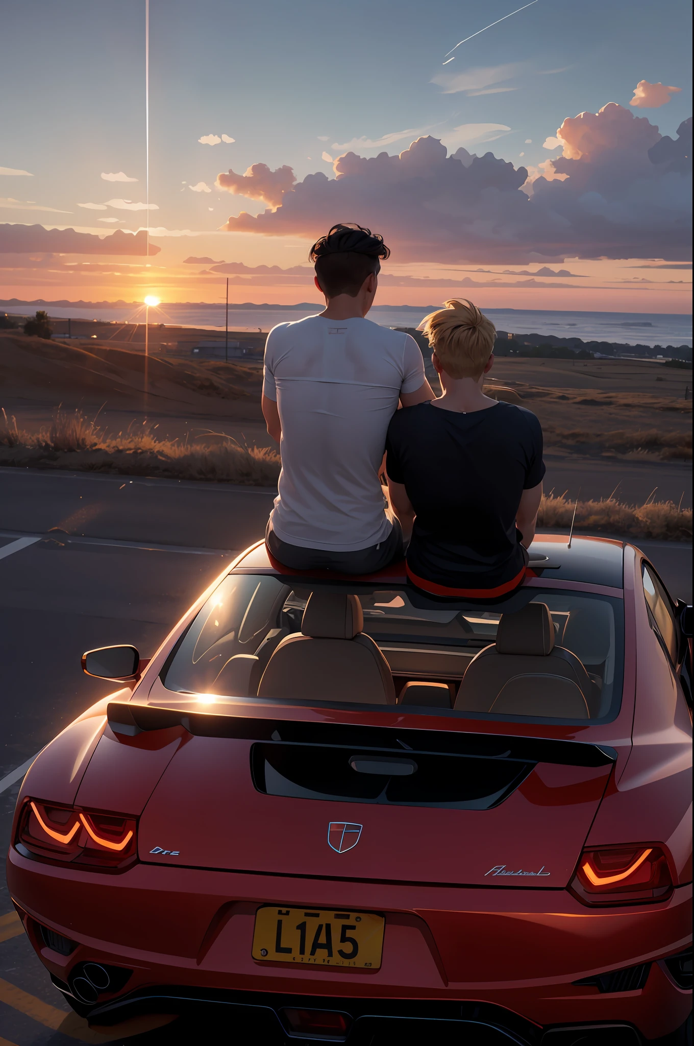 there are two men sitting on top of a car watching the sun set, looking at sunset, looking off into the sunset, looking out at a sunset, in the sunset, watching the sunset, sunset view, gazing off into the horizon, during a sunset, during golden hour, sunset mood, two young men, looking onto the horizon, scenic full shot, road trip, photorealistic, best quality, 4k