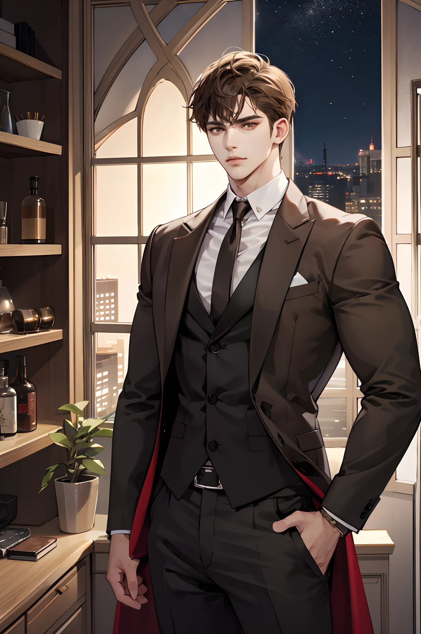 (modern day, k hd, ultra - detailed), (1male people, solo person, AS-Adult, mature:1.4, Idade:1.4, 年轻, Tall muscular man, Handsome), Very short hair, brunette color hair, Hair oil, with brown eye,(Pointed chin:1.4,Thick neck:1.4,),the night,Dark,Look at the night view of the city through the large window,brown suit,tiese,full bodyesbian,luxury goods,luxury goods,