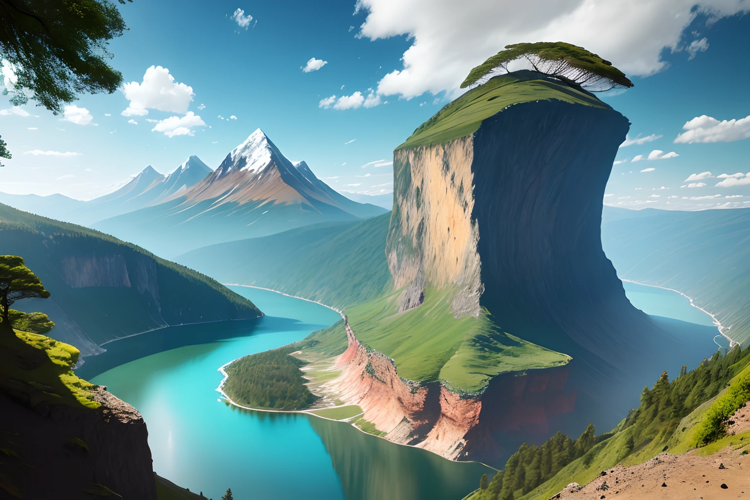 scenery, outdoor, sky, cloud, day, no humans, mountain, panorama, water, tree, blue sky, waterfall, cliff, nature, lake, river, cloudy sky