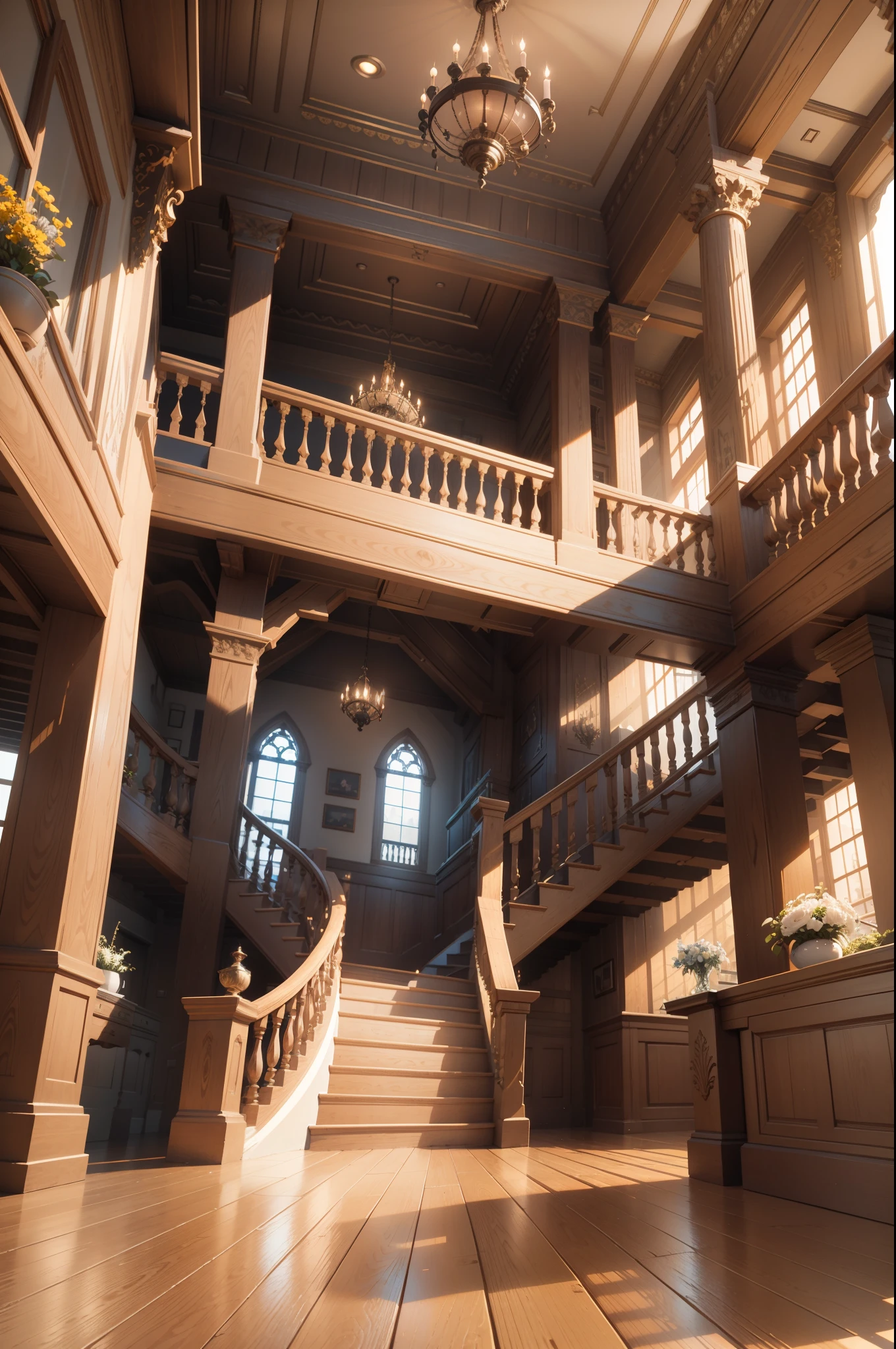 Alafed staircase of large wooden building with wooden railing, Wide grand staircase, rendered in the unreal engine, rendered in unreal engine 5, rendered in unreal engine 3, rendered in unreal engine 6, hdr render in unreal engine 5, rendered in the unreal engine, Inside the Titanic, rendered in the unreal engine」, Unreal Engine 5 rendered, Unreal Engine Rendering Styles