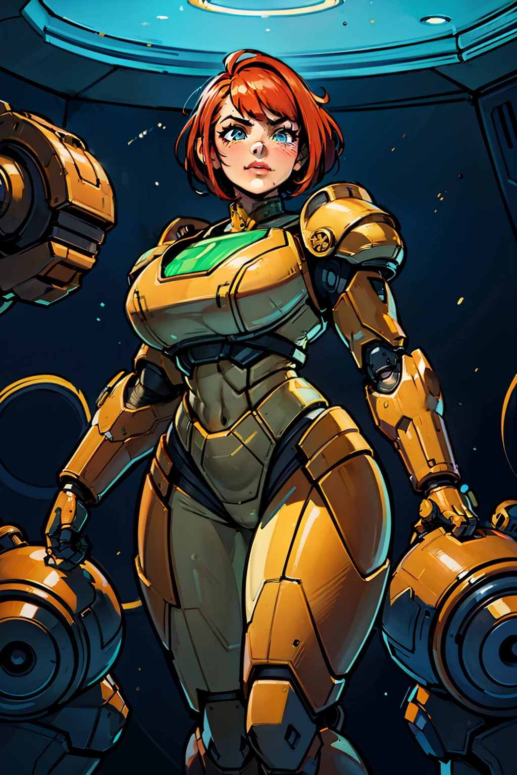 heroic woman, sexy, professional artwork, detailed eyes, beautiful eyes, beautiful face, flawless face, gorgeous face, smooth features, large breasts, blush, thick thighs, beautifully detailed background, chubby, thick, curvaceous, voluptuous, thick thighs, wide hips, belly, soft, full figure, big beautiful woman, pudgy, sci-fi, science fiction, future, neon lights, space ship interior, space ship, space, space visible through window, outer space, mechanical background, power armor, power suit, armored, armor, metroid dread, metroid, cyberpunk, cyborg, cyborg woman, cybernetics, cybernetic, robot, robotic arm, robotic leg, smiling, short hair, red hair