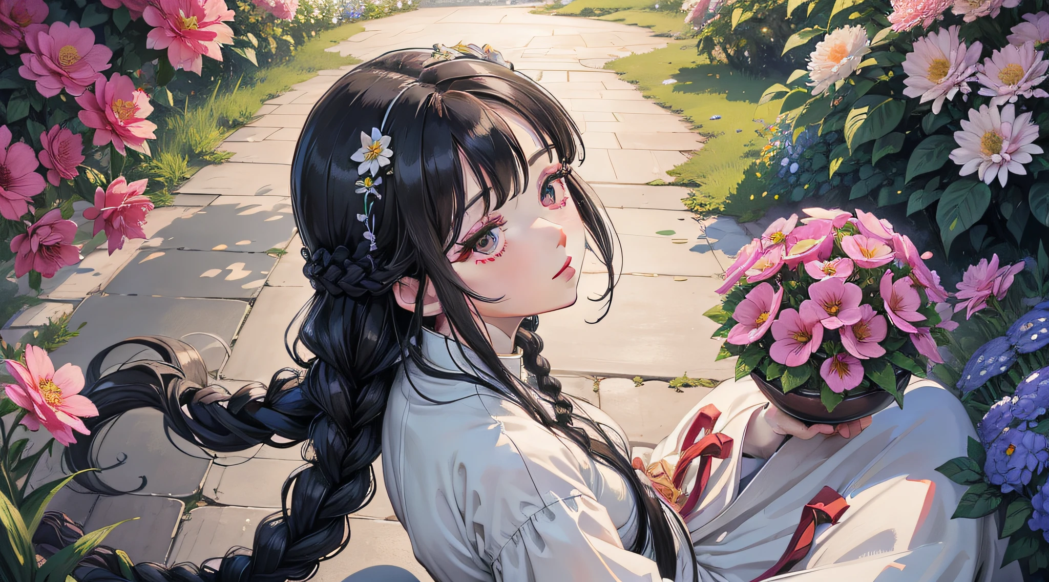 tmasterpiece,Highest image quality,super detailing,A high resolution,high saturated,Lighting effects,garden with colorful flowers。Character vistas。
1girll,Hairline,long braid,Long black eyelashes,Look up,DOA ,White gorgeous long dress。