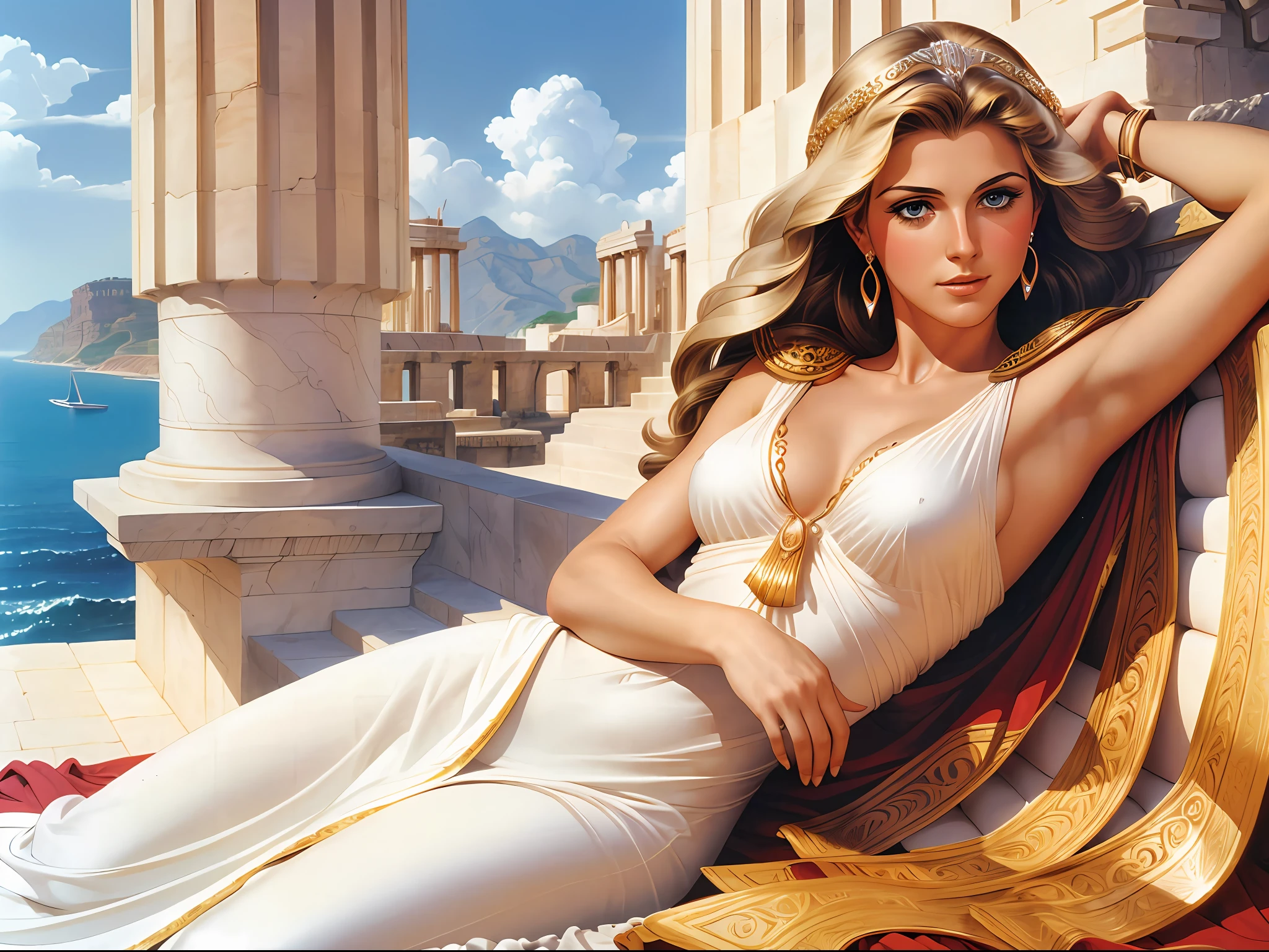 ((beste-Qualit)), ((tmasterpiece)), ((Realistic)), Ultra-detailed,[without the people of the coast of Troy:16]:medium plan, 1Helen of Troy, in a white tunic, Perfect colorful gradient, Illustration by Boris Vallejo, —q 4 —s 750