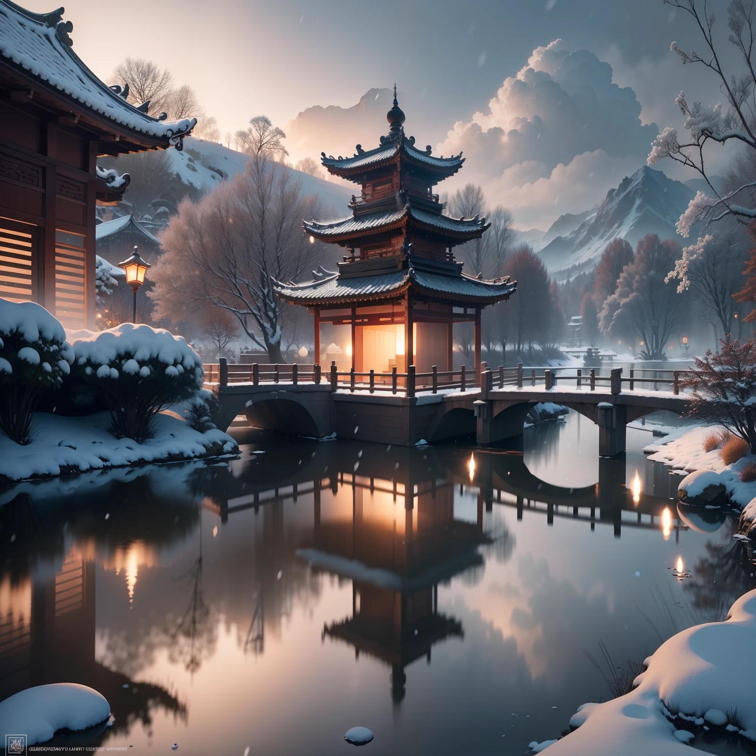 Masterpiece, best quality, high quality, extremely detailed CG unity 8k wallpaper, classical Chinese garden, landscape, amsterdam, winter, ((snowing)), outdoor, sky, daytime, landscape, water, tree, blue sky, waterfall , nature, lake, river, cloudy sky, award winning photography, bokeh, depth of field, HDR, bloom, chromatic aberration, photorealism, very detailed, trending on artstation, trending on CGsociety, intricate, high detail, dramatic, midjourney art