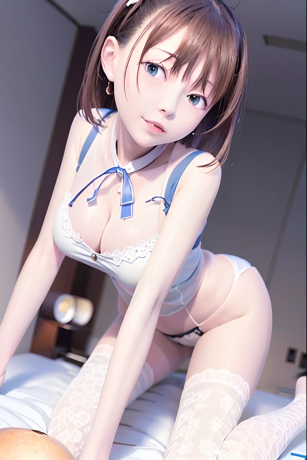 (highly detailed CG Unity 8k wallpapers), (tmasterpiece), (best qualtiy), (ultra-detailliert), (Most Best Illustration), (best shadow), (realisticlying: 1.4), (PureErosFace_V1:0.5), real human skin, lens flare glow, shadowing, The light from the back window is backlighted, blossoms, depth of fields, natural soft light, hard focus, filmgrain, Gaze towards the viewer, The girls 1 people, 18 years old, 独奏, White skin of the, Soft lips, (light eyebrows: 1.4), Shiny brown eyes, with short black hair:1.1,beautiful detailed sky,(nose turns red),(ssmile:1.3),(Keep one's mouth shut),beatiful detailed eyes,校服,big cleavage breasts,Spread your knees and legs,white panties,spread their legs,female student,White high heels,Konno skirt,red bowtie,mature face,atractive Face,hugging his knees,Crotch Spread Wide