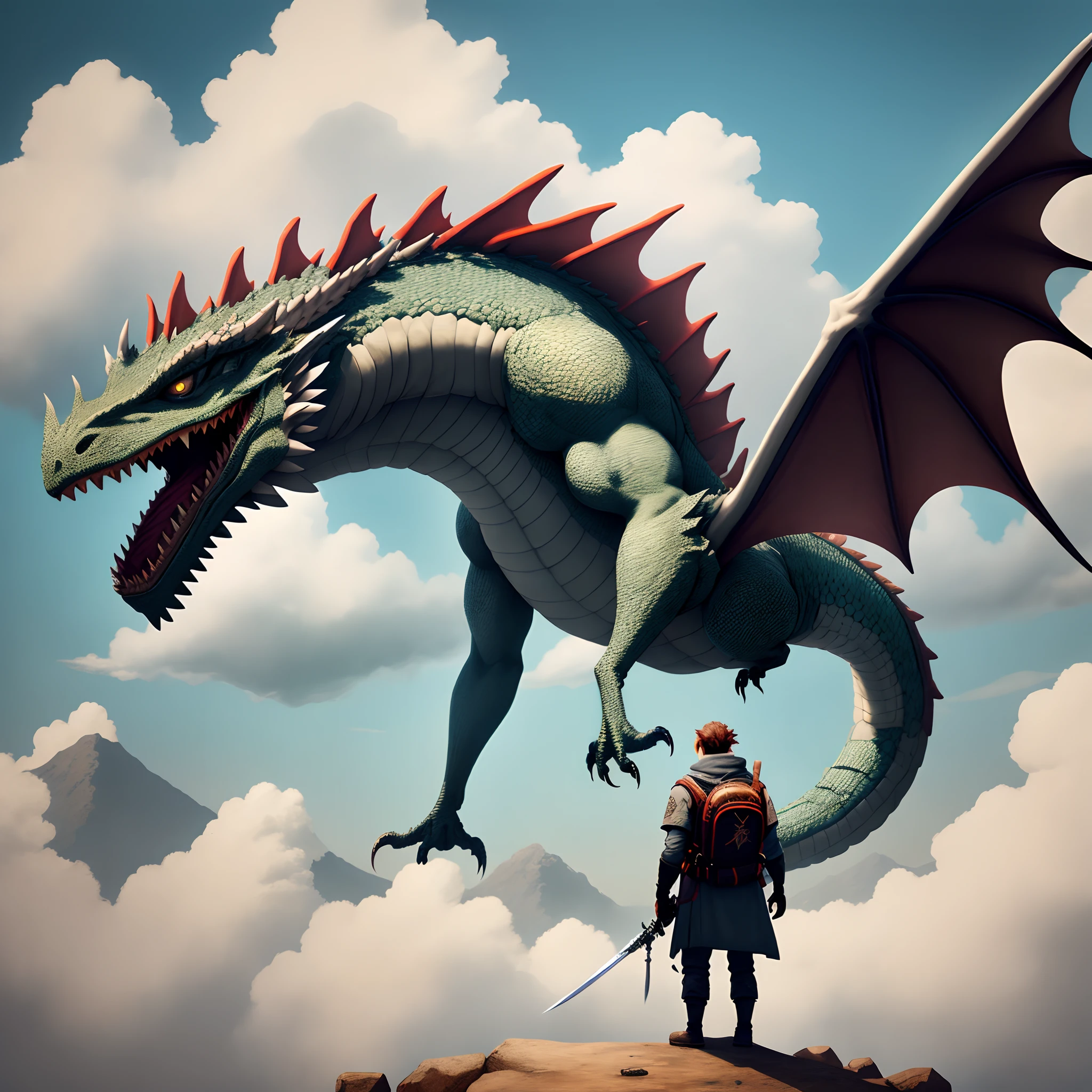 The bird， standing on your feet， ​​clouds，  arma， from back， Skysky， mostly cloudy sky， critters， holdingweapon， a Oriental Dragons， ogre， 1oth， mist，