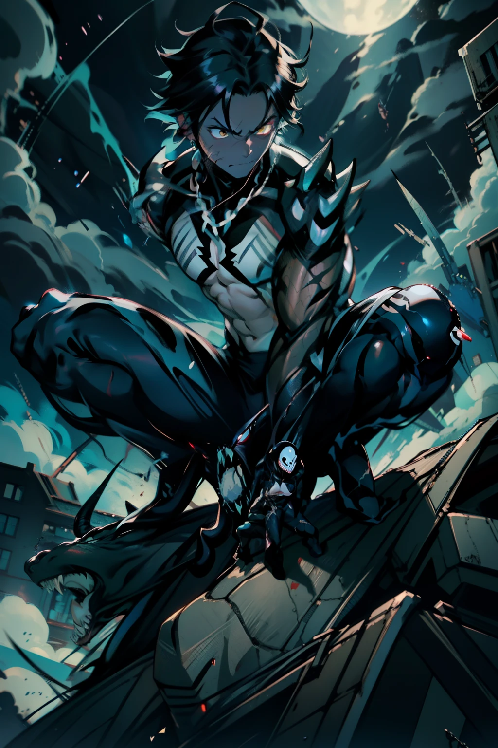 《the original god》Arataki Kazuto , male people, chest muscle, Sexy , Venom symbiote for your body, Black mucus of the body , into venom, venomize,Black bodysuit,(Cloak),Red cape,Abs,(Adult male)((Venom possession,venom symbiote)),over-Tortoise Man,Battle damage,((Masterpiece)), ((Best quality)), Ultra detailed,((illustration)), Dynamic Angle, Detailed light, (Delicate eyes), Floating, 1boy, Male focus, Head, Clothing, Yellow eyes, necklace, tattoo, (Forehead:0.8), (ahoge:0.8), jewelry, brunette color hair,apathy,Ray, chest muscle, Sexy , Venom symbiote for your body, Black mucus of the body , (into venom), Venom,frontage,Bust photo,White tight-fitting top,spiderman outfit,style of anime4 K, 4K anime wallpaper, Badass anime 8 K, 4 k comic wallpaper, young anime man, Anime boys, Anime wallpapers 4 k, Anime wallpaper 4K, High quality anime art style, Anime moe art style, Anime art wallpaper 8 K, Anime art wallpaper 4 K, RGB lighting,