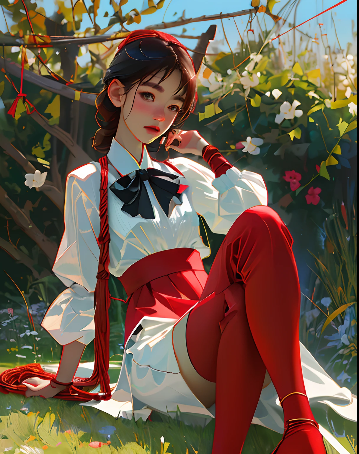 (8K, RAW photo, Best quality, Masterpiece:1.2), (Realistic, photo-realistic:1.37), Ultra-detailed, (highdetailskin:1.2), 8K UHD, DSLR sexy young girl lying on the ground,Hands behind your back and tied with red cords,The legs are tied with red ropes ,At the thigh joint,There are ultra-tight red cords at the calf joints and ankles that bind the legs,Face details are realistic and detailed,Asian facial features,Wearing a JK uniform