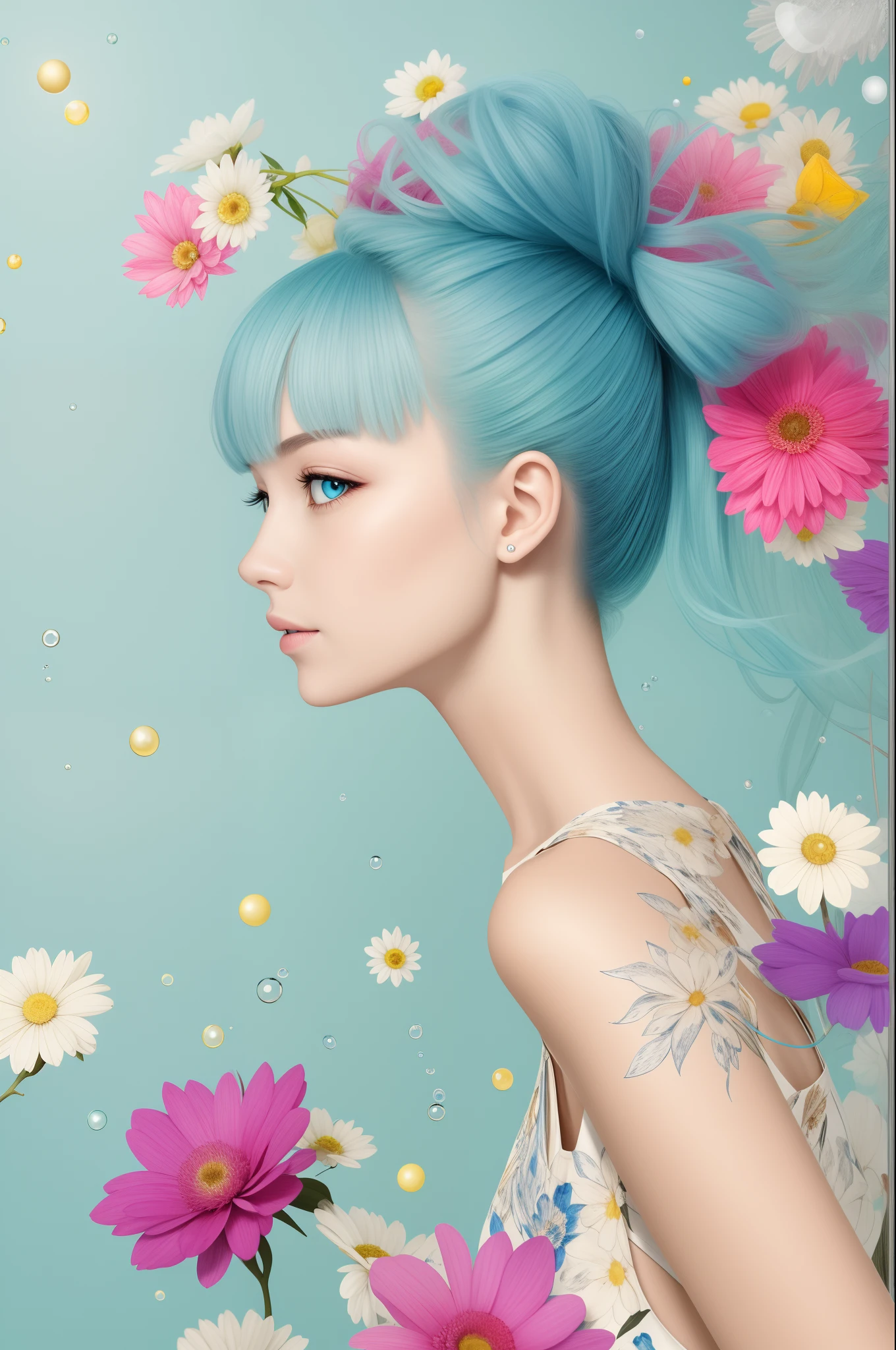 (masterpiece), (best quality), (ultra detailed),(disheveled hair),(illustration), (1girl), (Fashionable clothing), standing, Fashion model, looking at viewer, (interview), (simple background),beautiful detailed eyes, delicate beautiful face, Floating,(high saturation),(colorful splashes),colorful bubble,(shining), focus on face, ponytail, kamisato ayaka, light blue hair, bangs, hair ring, floating flowers, floating hairs, (shining), best lighting, best shadow,