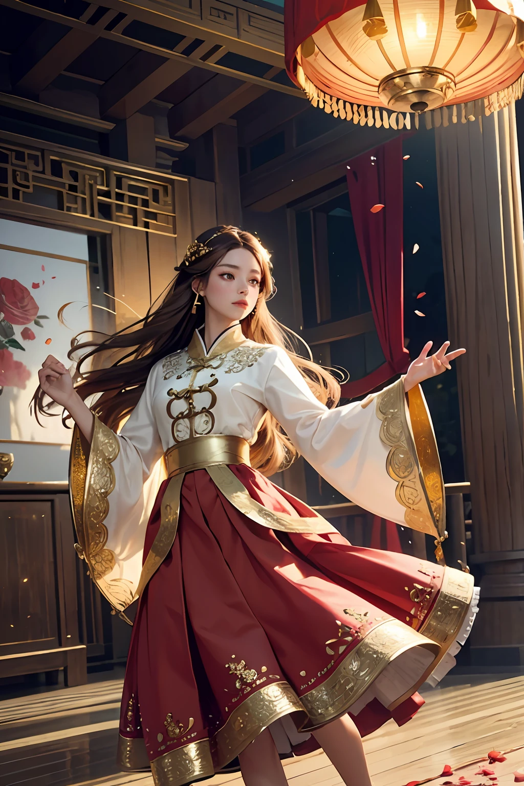 best quality, masterpiece, highres, (exquisite body:1.5),gorgeous face,(milky skin:1.3),intricate details,high resolution,wallpaper,
1girl, solo, dress, hair ornament, (((gold and red dress))), flowers, long hair, brown hair, closed mouth, jewelry, long sleeves, hand up, wide sleeves, big eyes,floating hair, chinese clothes, hanfu, embroidery, long skirt, natural pose, falling petals, indoor,fanning, lantern,
16K,HDR,highres,depth field,(film grain:1.1),boken,golden hour,(lens flare),vignette,rainbowing,(color grading:1.5)